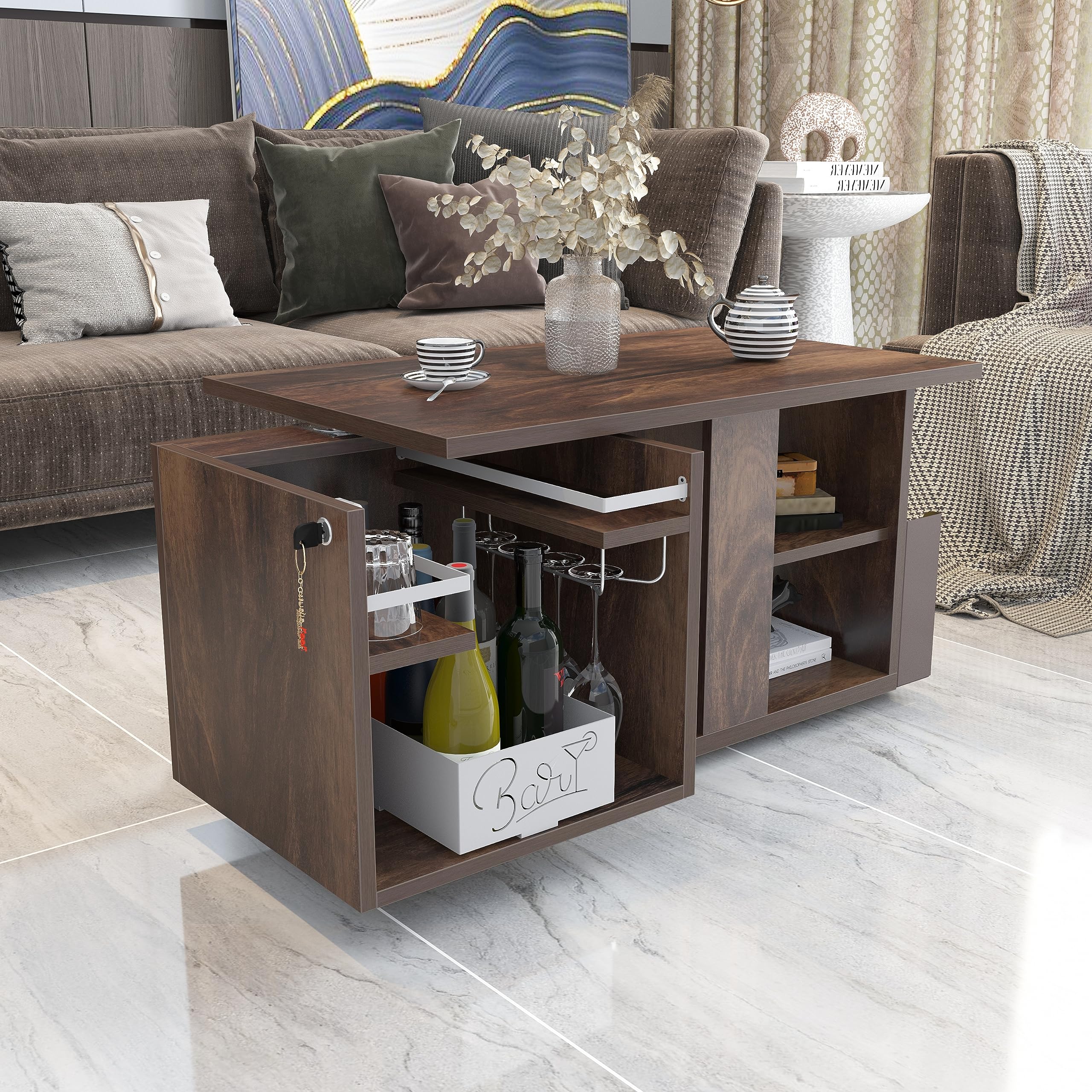 Studio Kook Bar-I-Centro Engineered Wood Coffee Table with Inbuilt Mini Bar (Junglewood, Matte Finish)