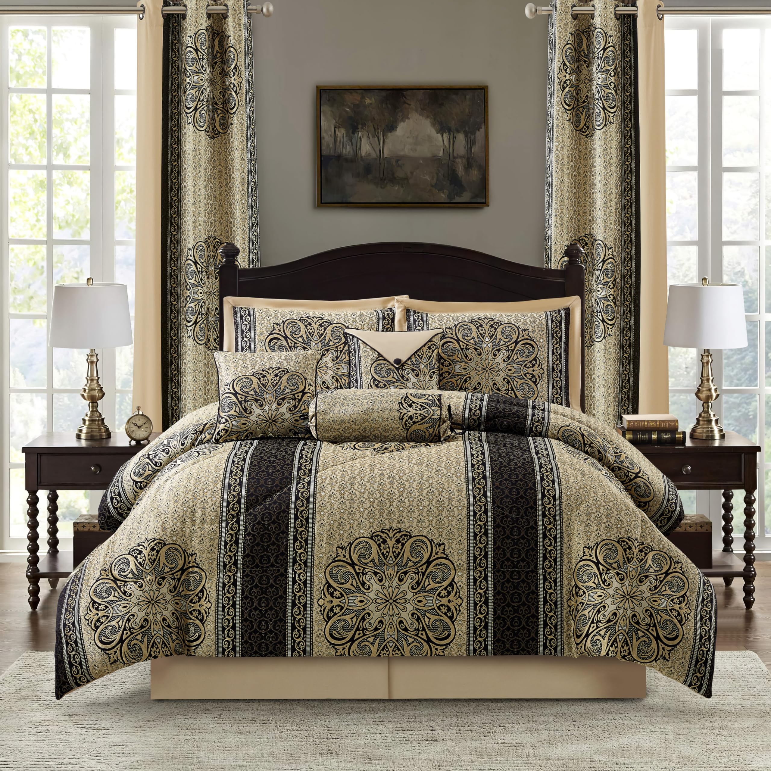 Grand Avenue Medallion 9 Piece Black and Gold Comforter Set, Queen Size Jacquard Bedding, All Season Bedding Set, Bed Skirt, Pillows & Shams, Curtains