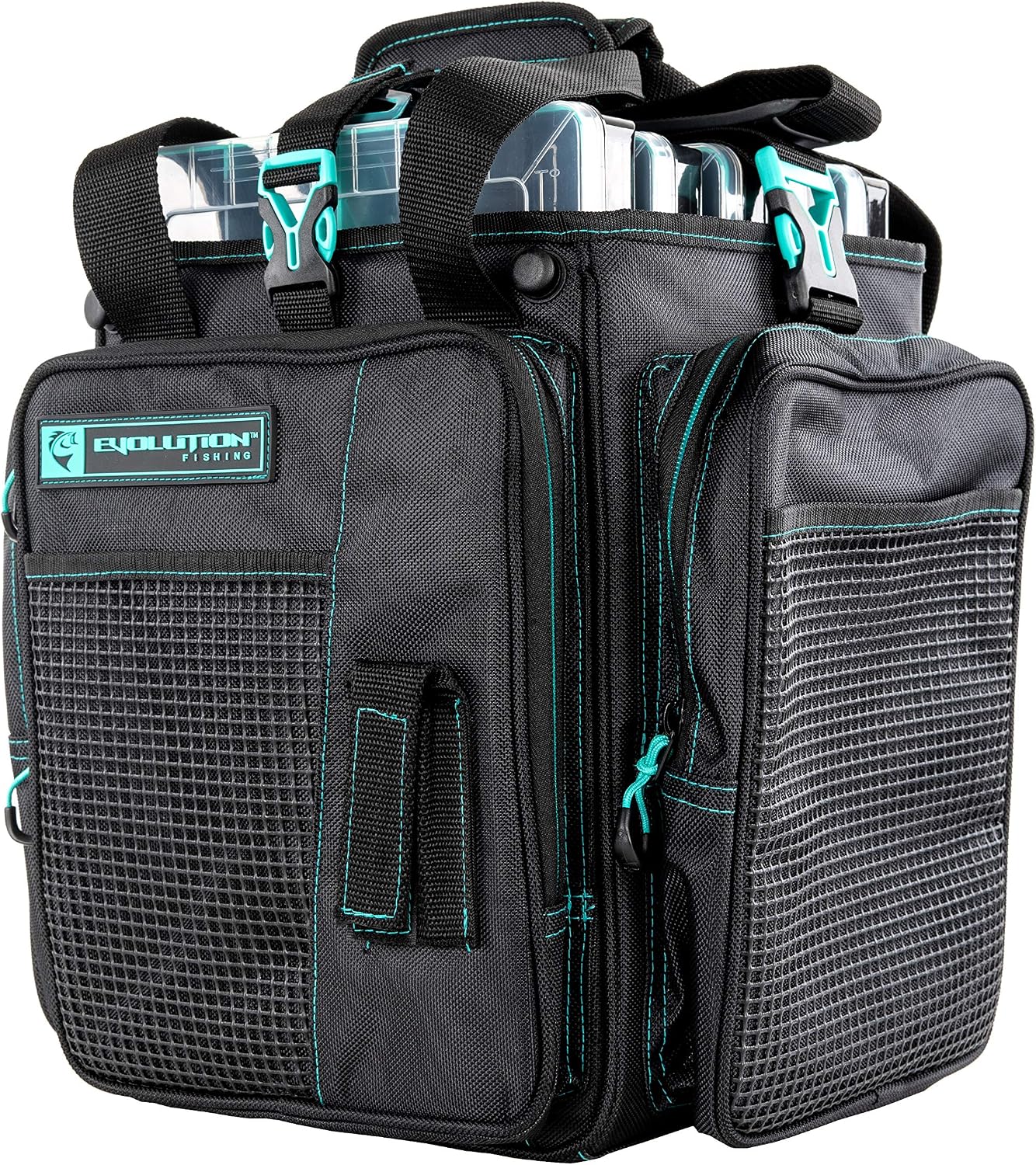 Evolution Outdoor Drift Series Topless Vertical Tackle Bag – Outdoor Rucksack w/ 5 Fishing Tackle Trays, Padded Handle and Shoulder Strap, Plier Holster, Tackle Carrying Case