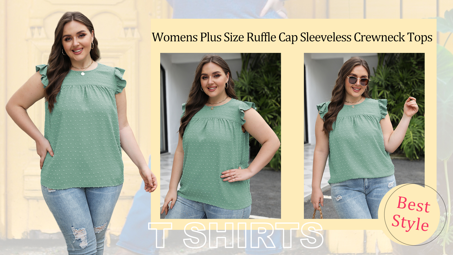 VISLILY Plus Size Summer Tops - V-Neck Ruffle Cap Sleeve Blouses | XL-5XL Eyelet Tunics