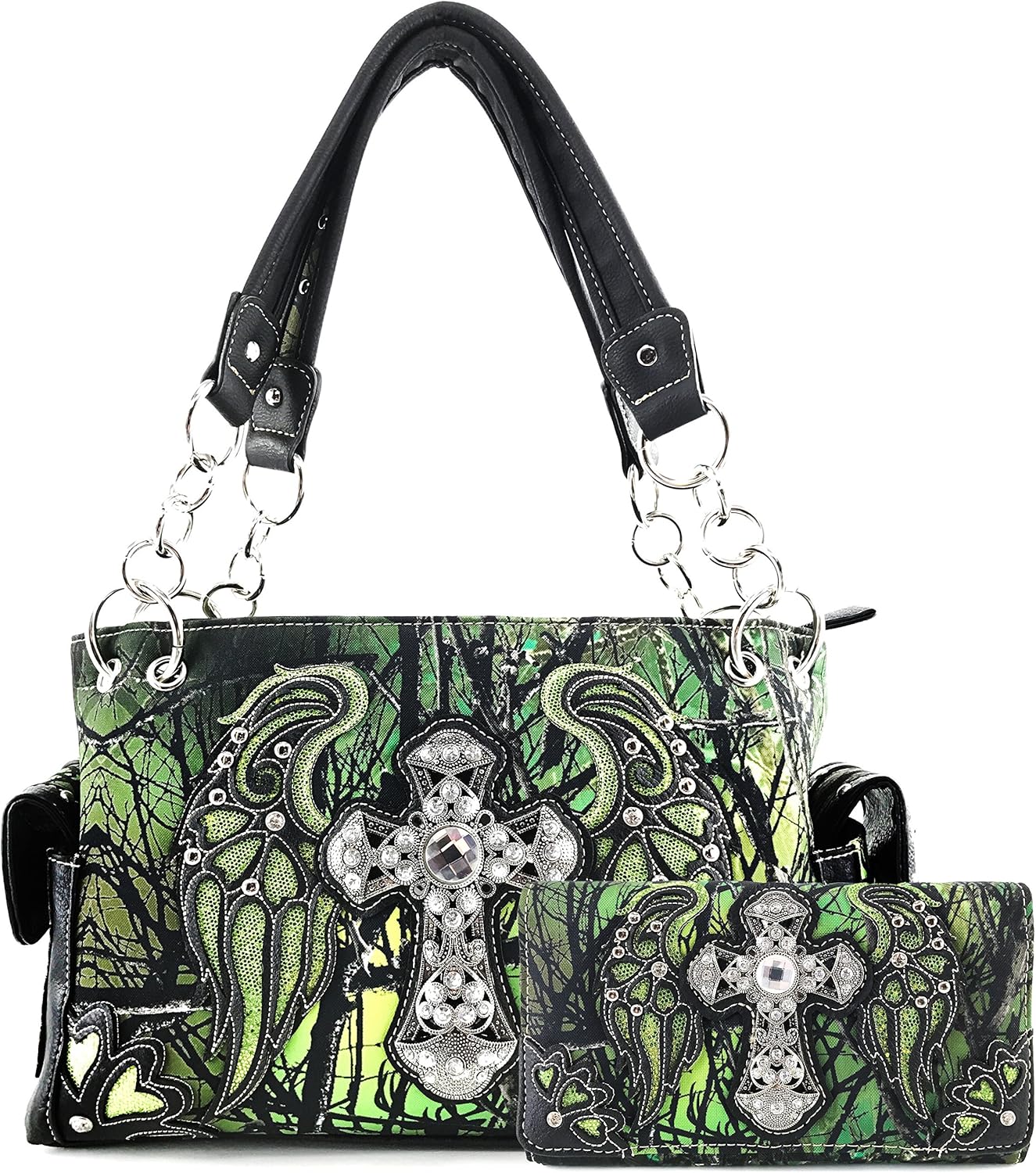 Justin West Camouflage Tree Branches Bling Rhinestone Cross Wings Handbag Purse Messenger Bags and Wallets