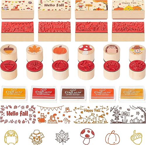 CUweipeng 15 piezas de sellos de goma de madera de otoño, sellos de tarjetas de manualidades, almohadillas de goma de calabaza, juego de