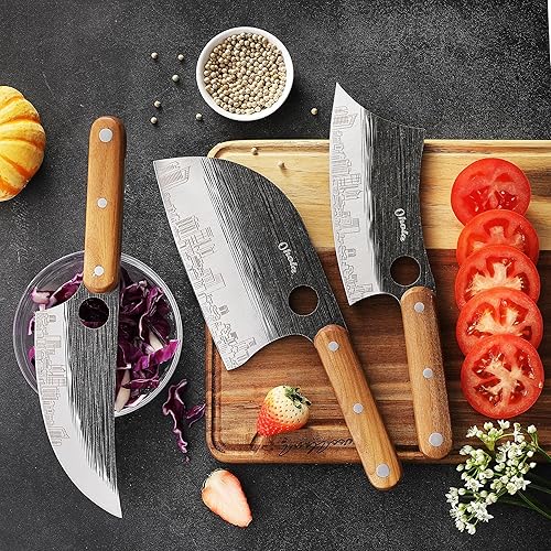 Miniatura 6 de OHOLA - Juego de 3 cuchillos de carnicero de acero inoxidable con mango de madera, cuchillo de chef serbio de 7 pulgadas, cuchillo de carnicero de 7