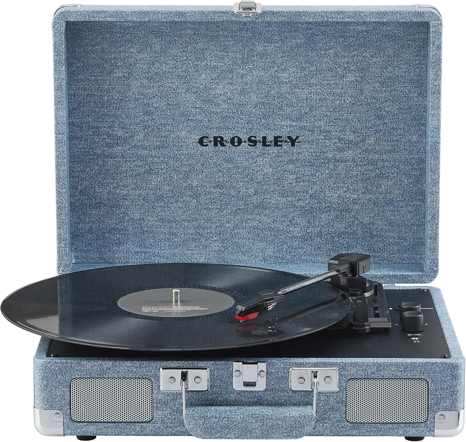 crosley cr8005f-wd cruiser plus vintage 3-speed bluetooth in/out suitcase vinyl record player turntable with built-in speakers, washed denim