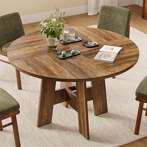 Mesa de comedor redonda para 4-6 personas, mesa de cocina de granja de 47 pulgadas con patas resistentes, mesa de comedor circular de madera rústica