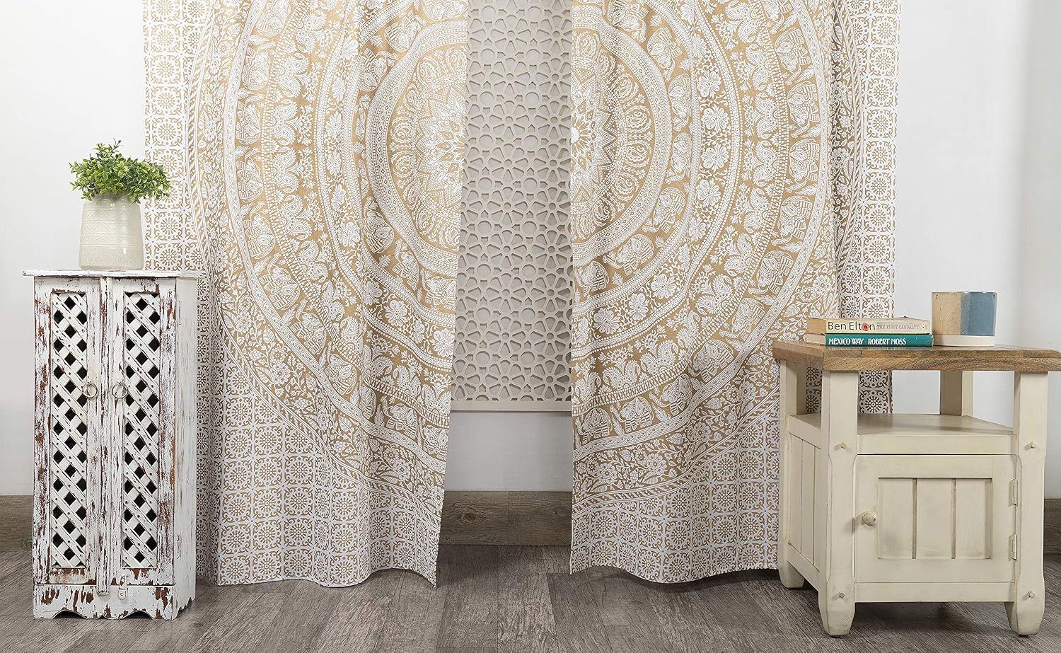 Popular Handicrafts Indian Hippie Bohemian Beautiful Elephant Mandala Curtain Panels White Gold