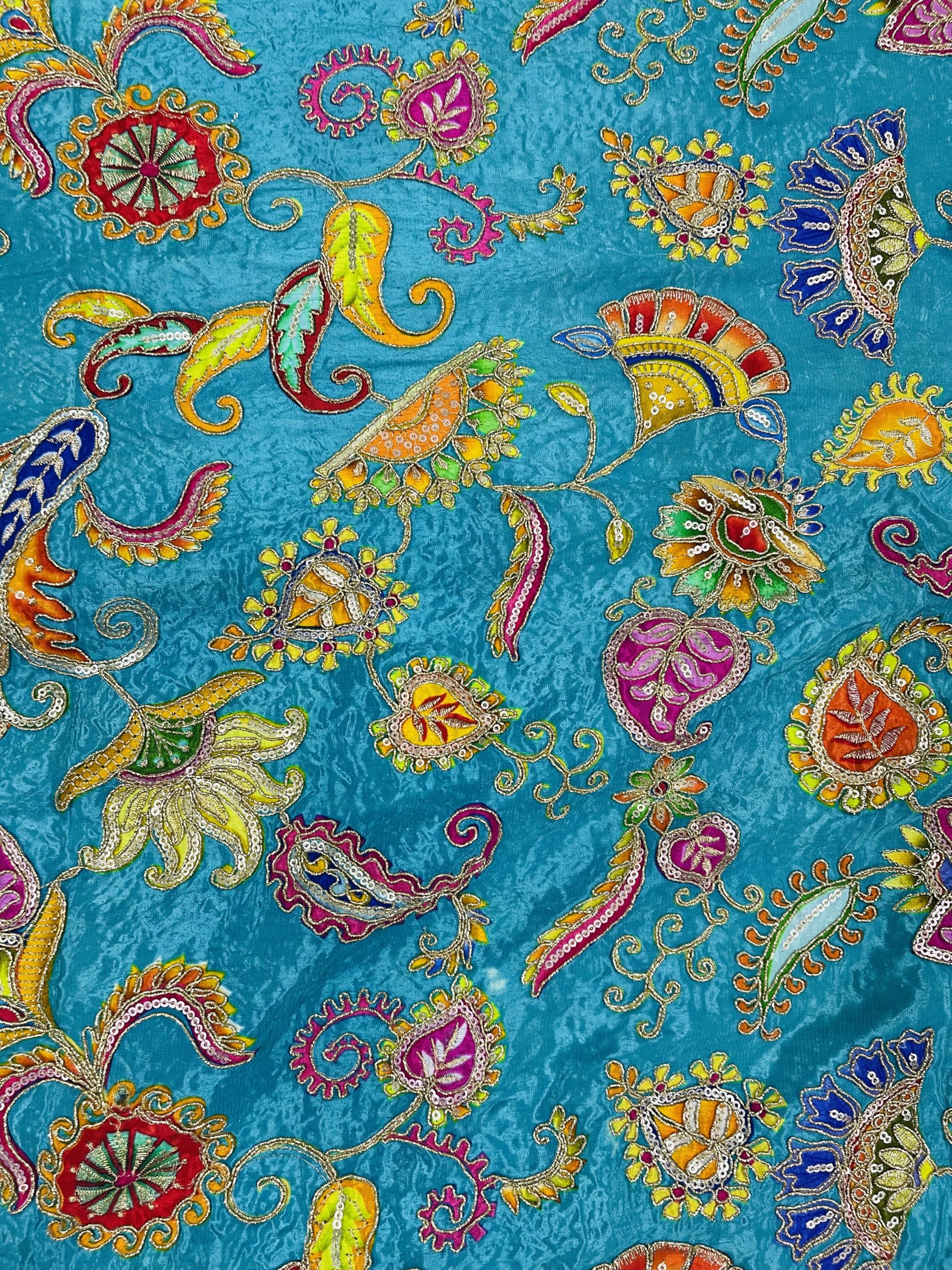 Vastrazone Natural Crepe Multicolor Floral Paisley Jal Printed with Embroidery | 44 Inch Width | Fabric Material for Ehnic Wear | By Mtr (Rama, 1 mtr)-image-3
