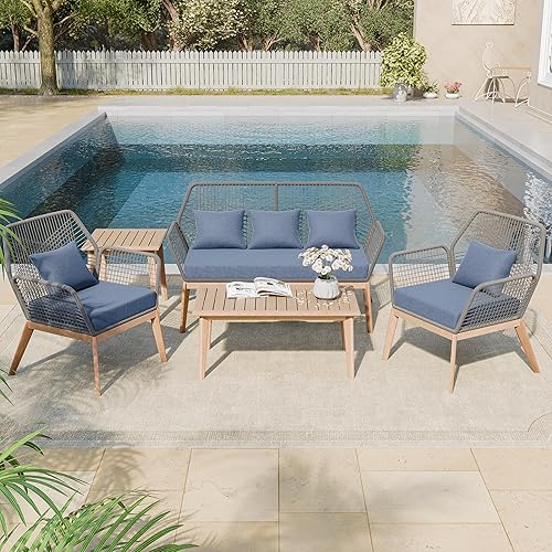 Kullavik Outdoor Patio Furniture Set,5 Pieces Indoor Rope Woven Sectional Sofa Set Modern Oak Patio Conversation Sets with Wooden Table for Balcony,Porch or Backyard,Navy Blue
