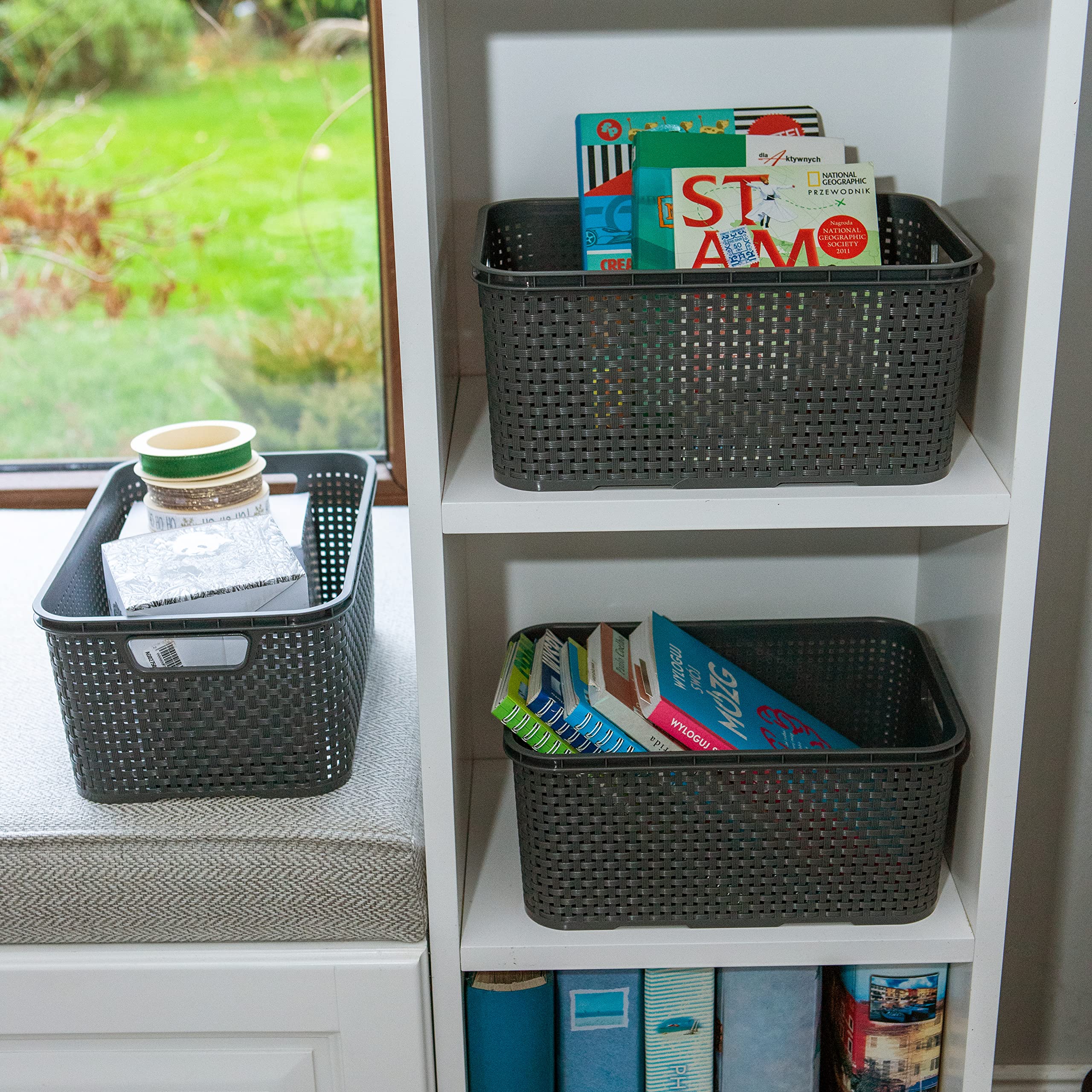 BranQ Home Essential Mand met deksel in rotan design, 2-delige set, maat M ( 28,8 x 19,7 x 16,2), 10 l, BPA-vrije kunststof (polypropeen), zalmroze, 2 stuks