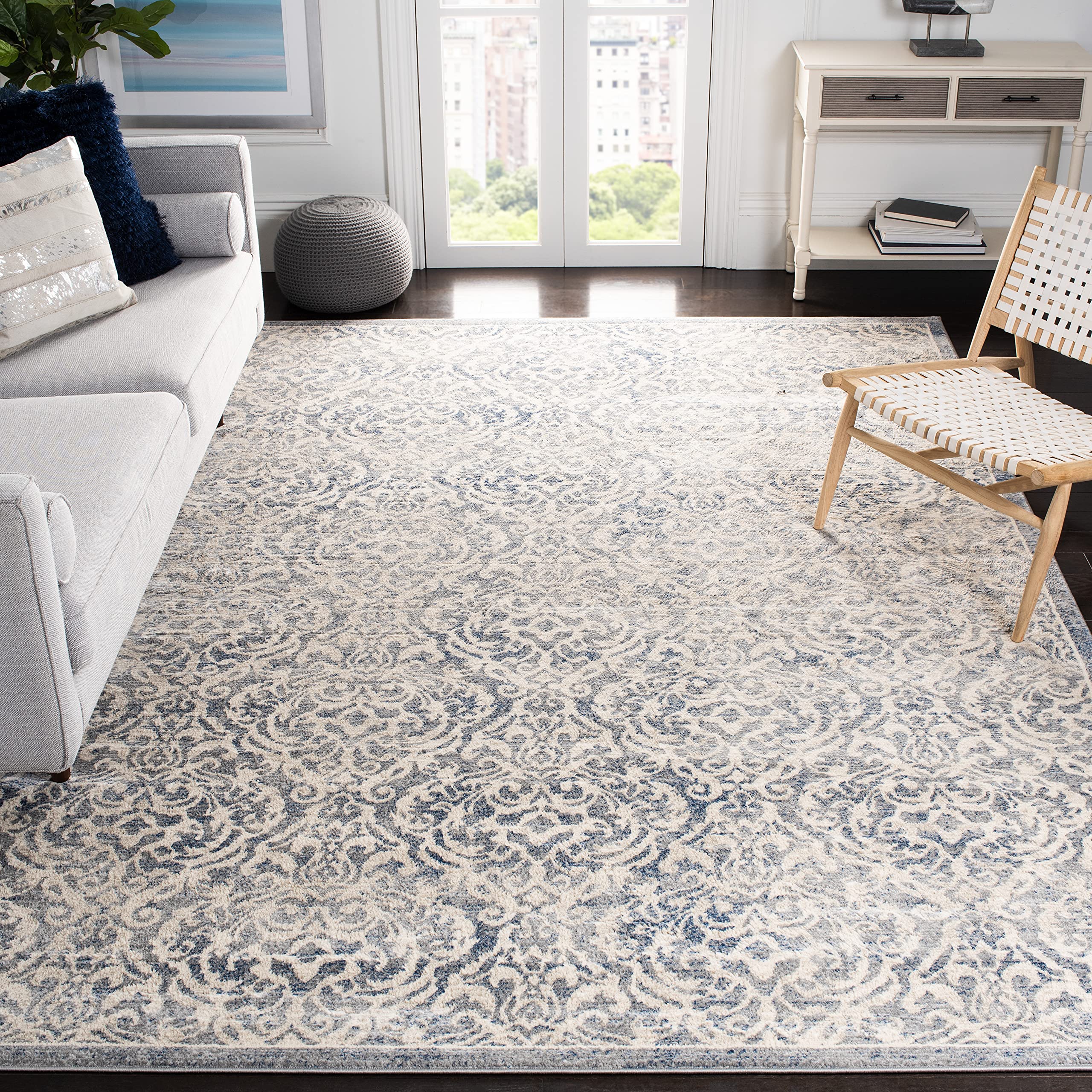 SAFAVIEH Area Rug 8x10 - Brentwood Collection - Large - Light Grey & Blue, Damask Pattern, Non-Shedding & Easy Cleaning, Ideal for Living Room, Bedroom, Office, Dining Space (BNT810G)