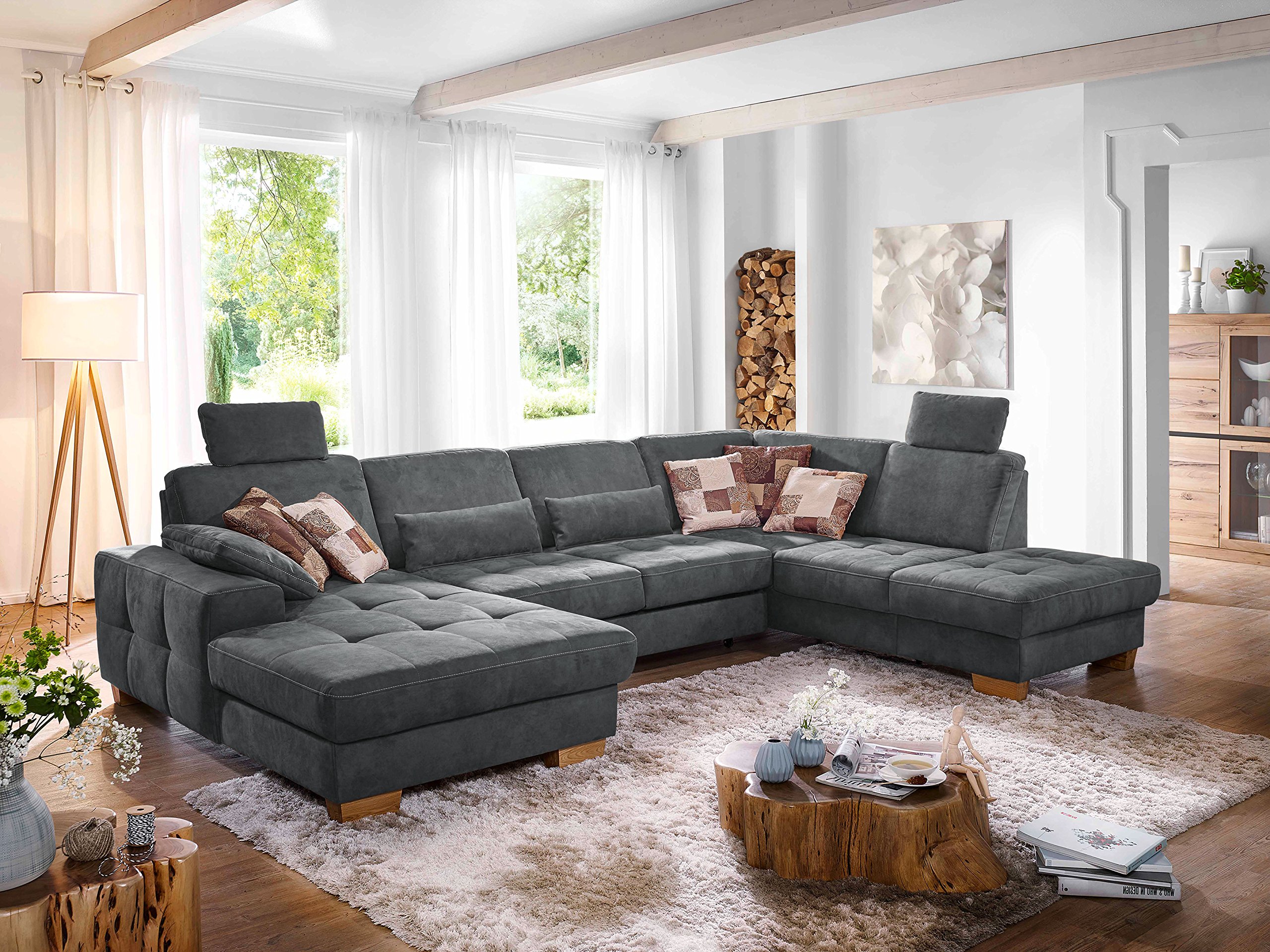 CAVADORE Wohnlandschaft Puccino mit Federkern, Bettfunktion, Sitztiefenverstellung und 2 Kopfstützen / Sofa in U-Form im Landhausstil / 340 x 86 x 224 cm / Mikrofaser grau