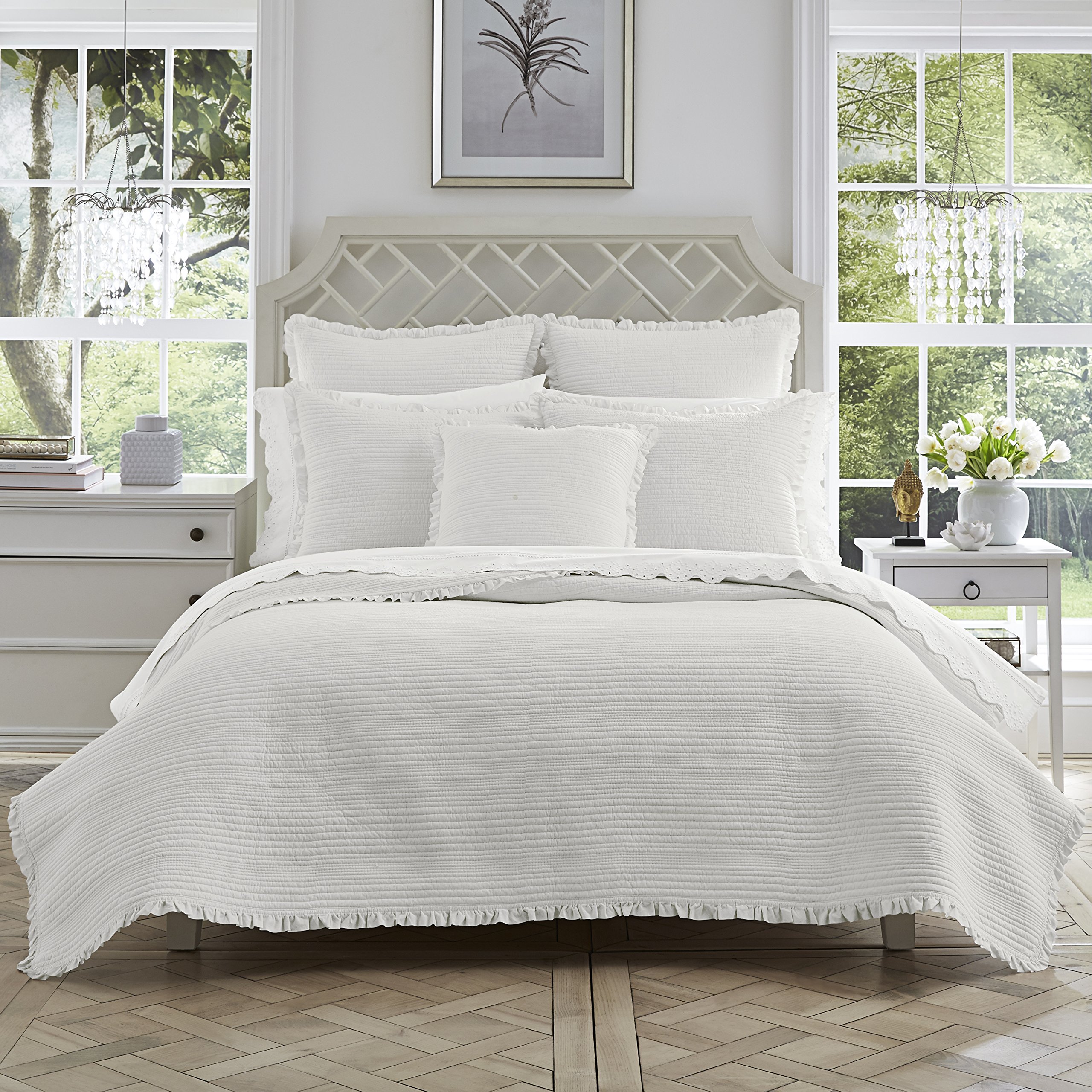 Five Queens Court Hattie Country Chic 100% Cotton Ruffle Flange Quilted Coverlet, King, White