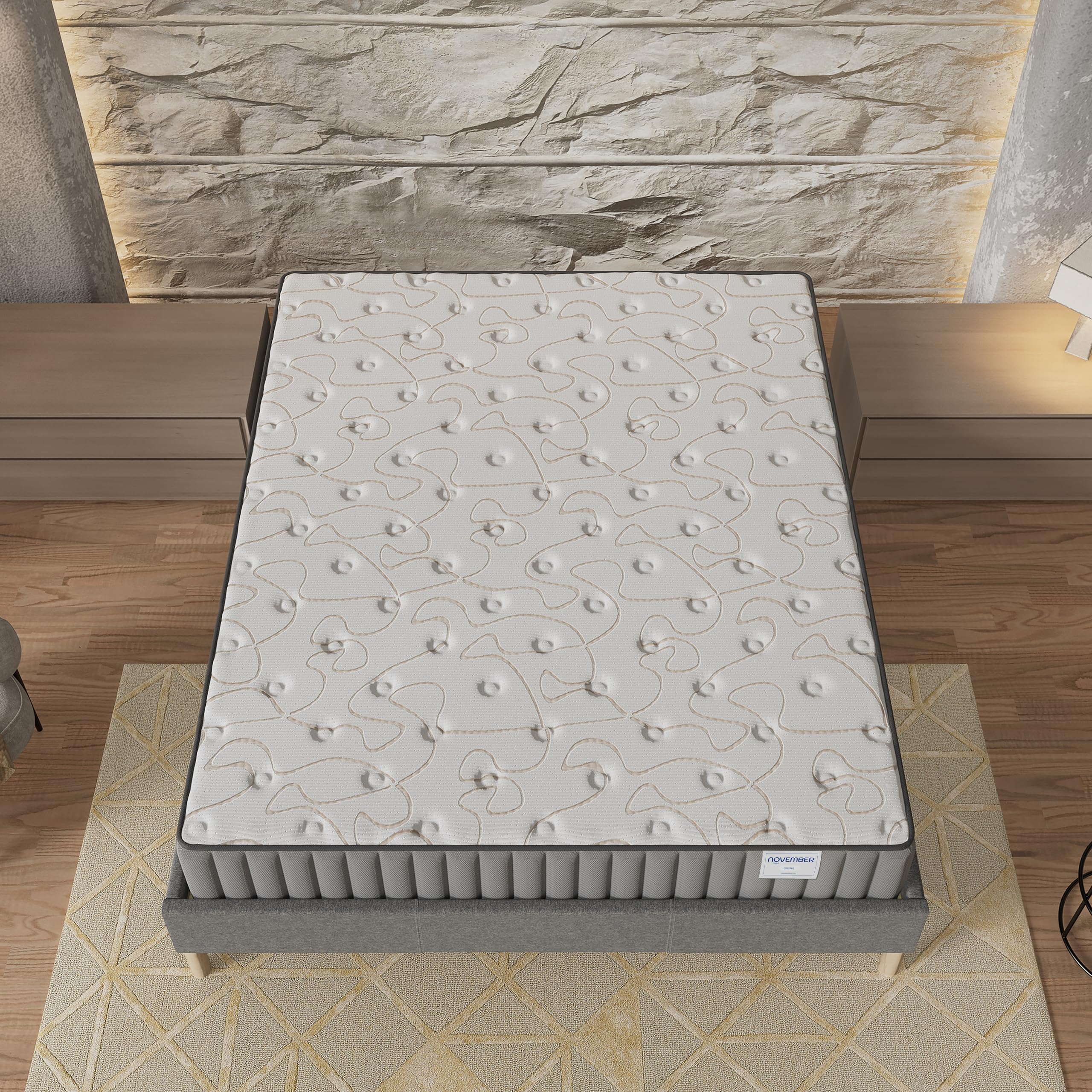 NOVEMBER- Ensemble Matelas + sommier (160 x 200cm)- Matelas Orionis Mousse Mémoire de Forme & Mousse Haute Densité d’épaisseur 22cm + Sommier Bois Stable & Robuste revêtement Tissu Gris