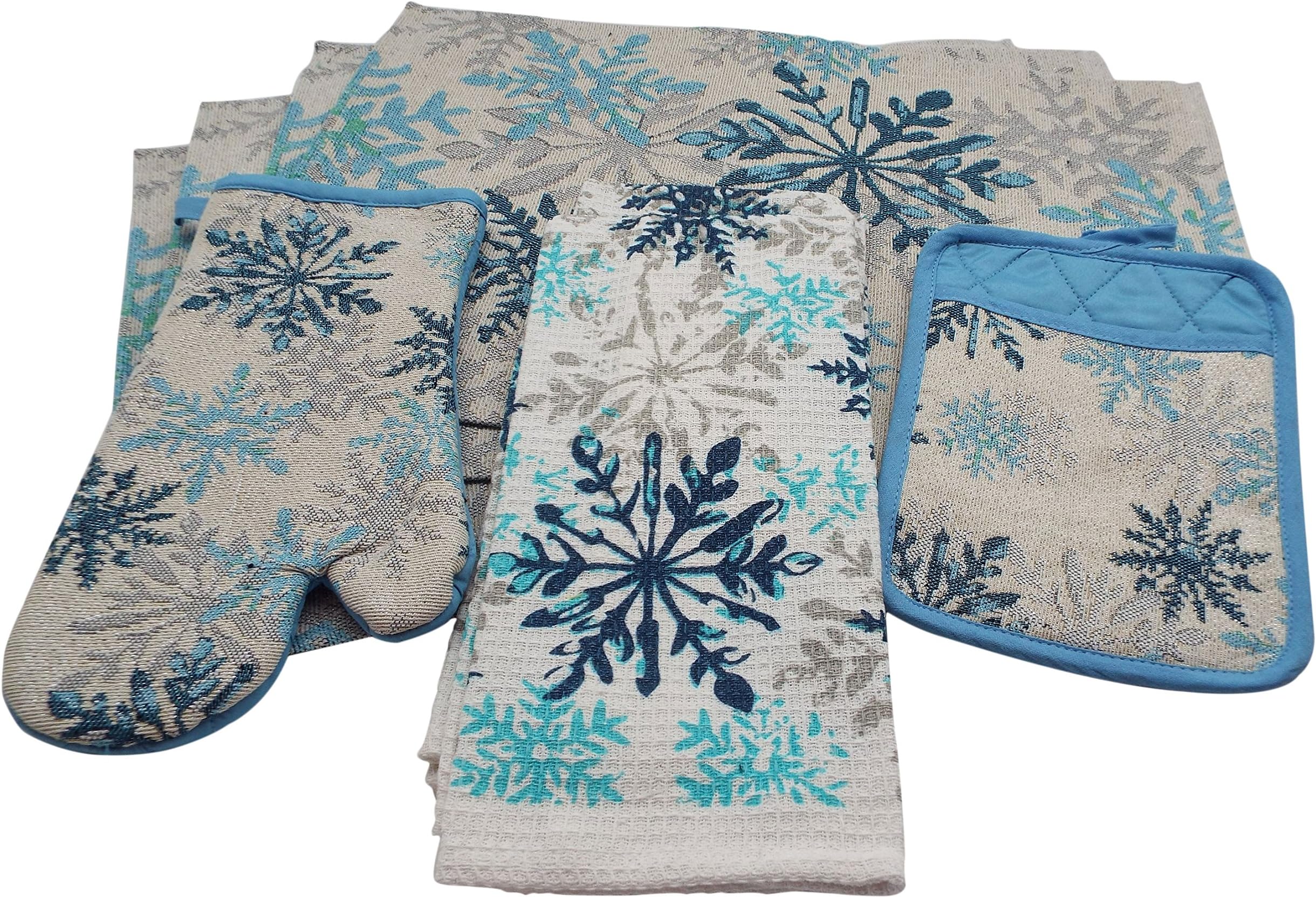 Bristola Home Designs Snowflake Kitchen Linen Set -Deluxe Tapestry - 4 Placemats, 2 Towels, 1 Potholder, and 1 Oven Mitt