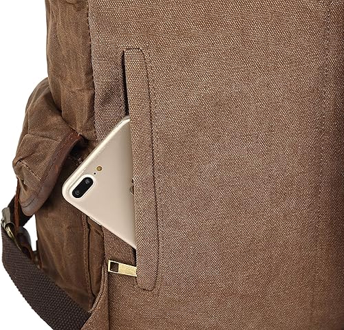 Miniatura 10 de Mochila encerada de lona de cuero genuino para portátil, Azul-cielo, Mochilas de viaje