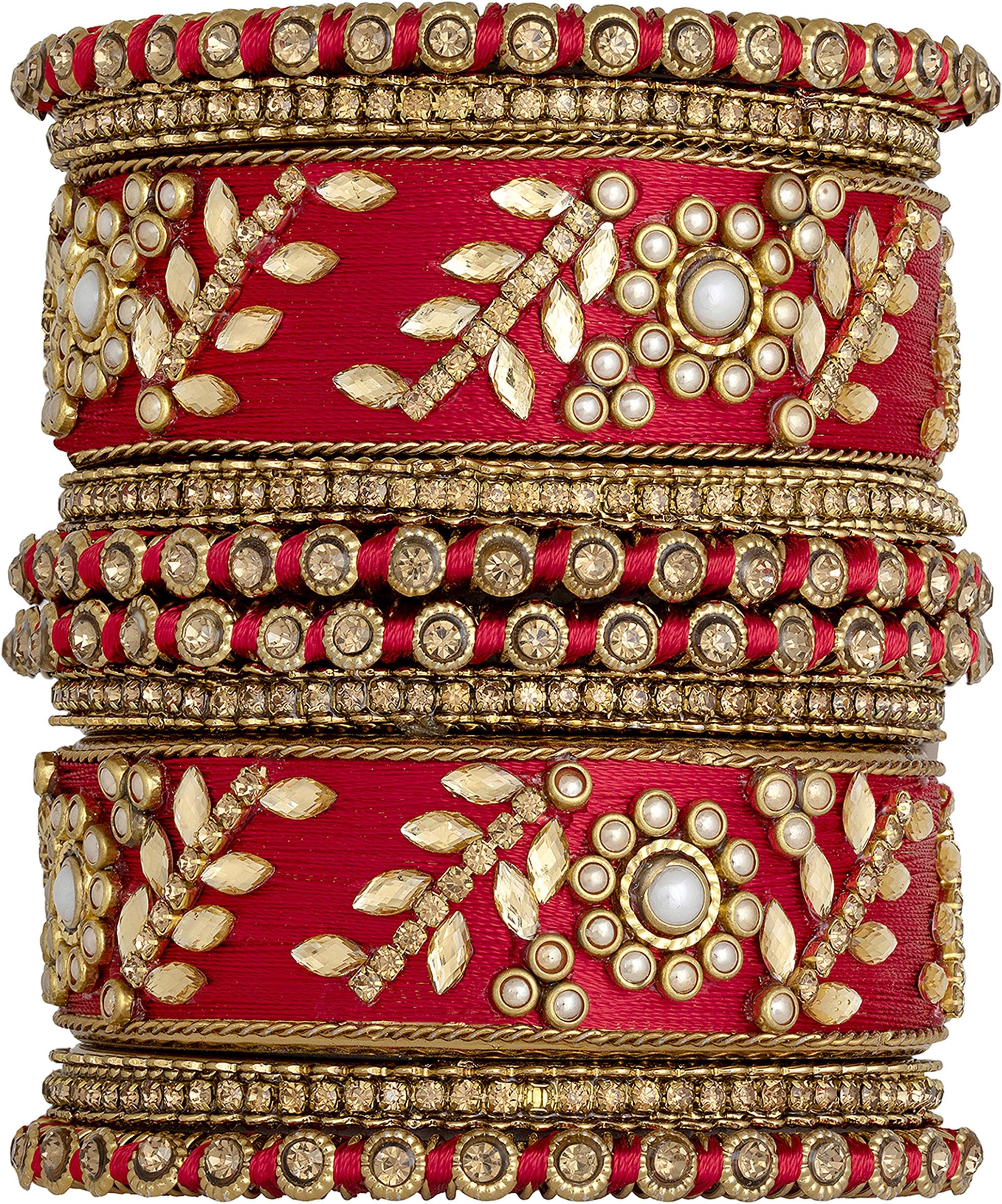 Acrylic Alloy & Kundan Silk Thread Chuda Bangles Set for Women Girls (Red) Size 2.6 INCH