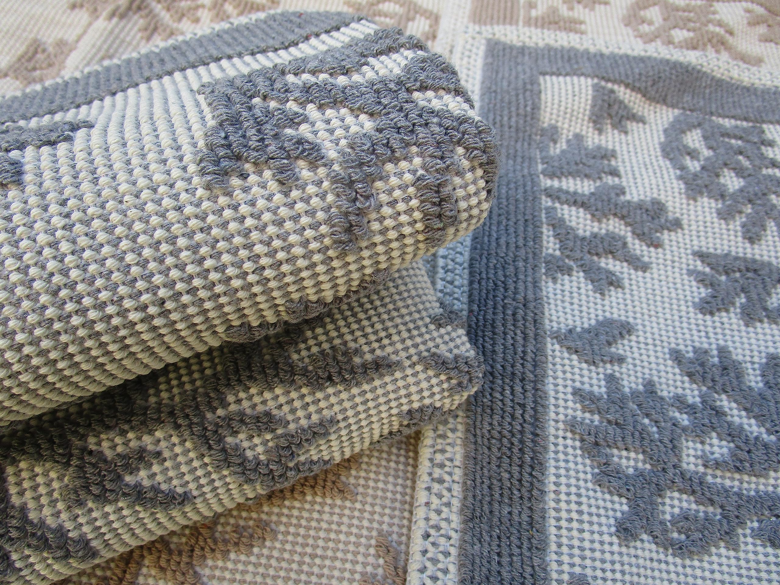 Parure Tre Pezzi Tappeto Scendiletto Stile Sardo - 100% Cotone Antiscivolo, Grigio+Beige, 60x110 Cm - Foto 7