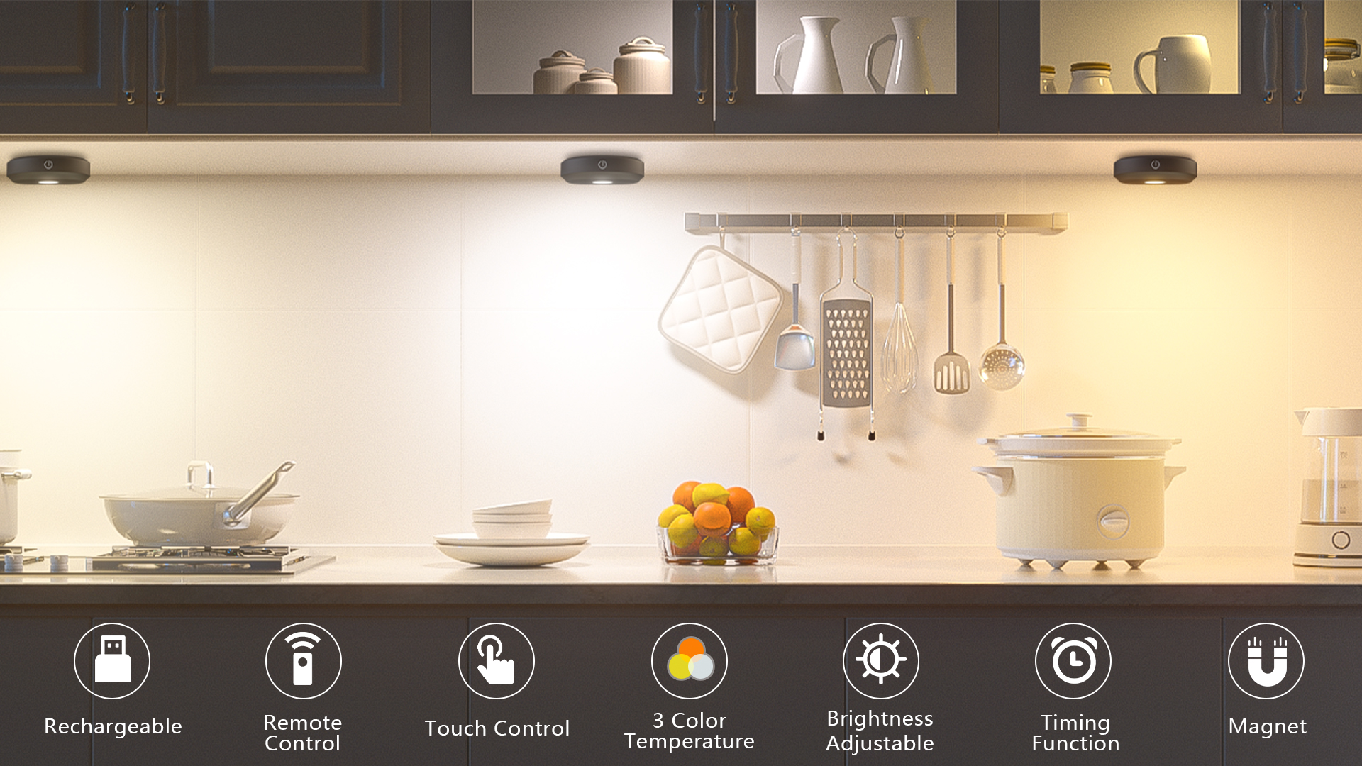 Image of WILLED Puck Lights with Remote Control,3 Colors Under Cabinet Lighting Wireless,Rechargeable Battery LED Tap Light,Timer Function Stick On Lights for Kitchen,Cabinet,Counter,Closet, Shelf,3 Pack