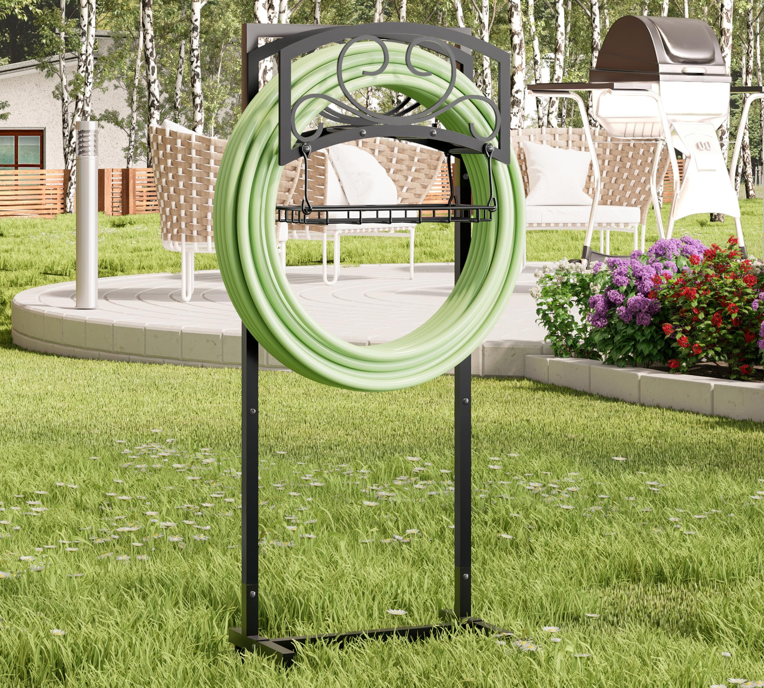 Kingson Support de tuyau d'arrosage autonome avec panier de rangement - Acier robuste, revêtement noir, contient un tuyau de 45 m, design amovible et portable