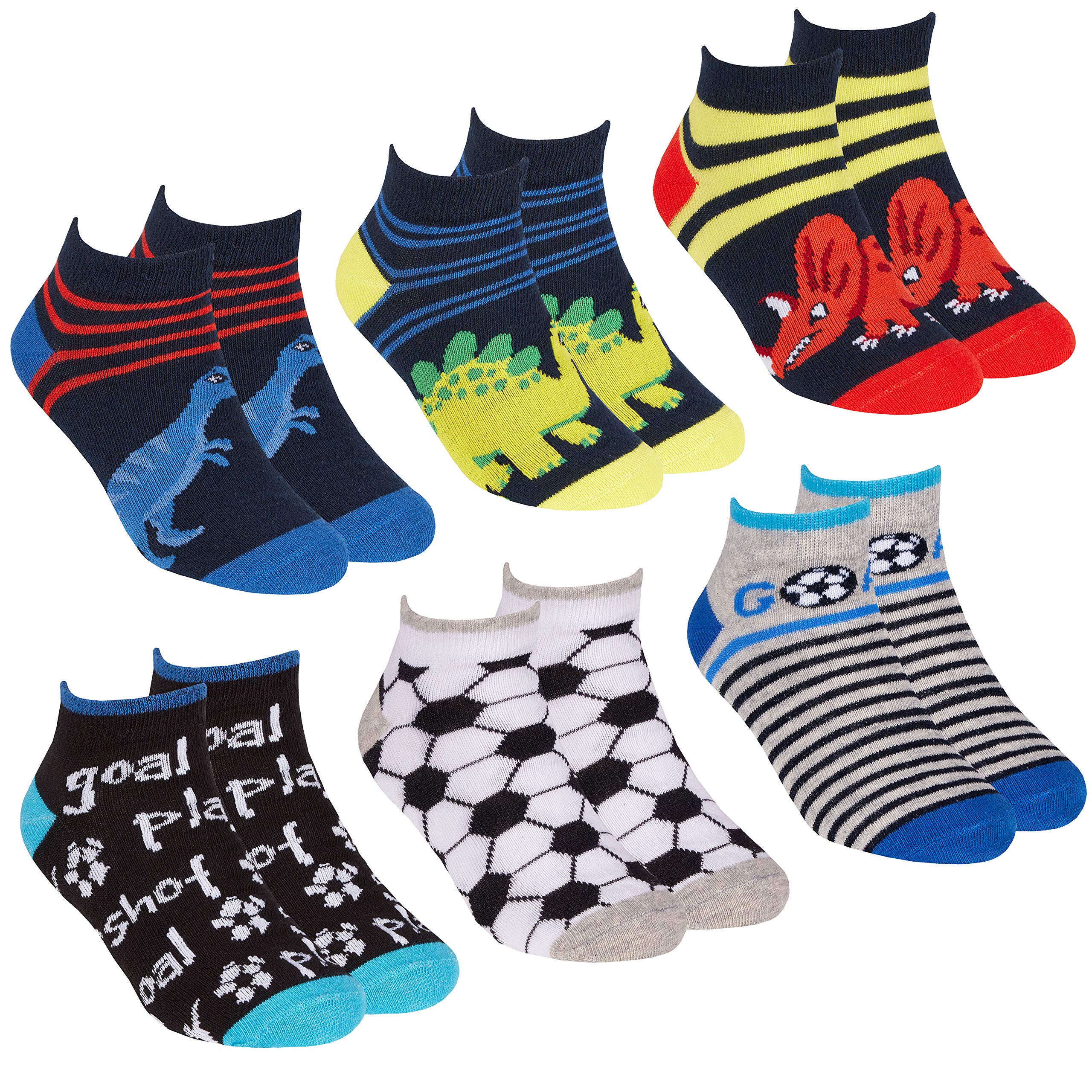 Metzuyan Boys Dino & Football 6 Pairs Kids 6 Pairs Football Dino Cartoon Trainer Liner Socks Dino Goal 6-8.5