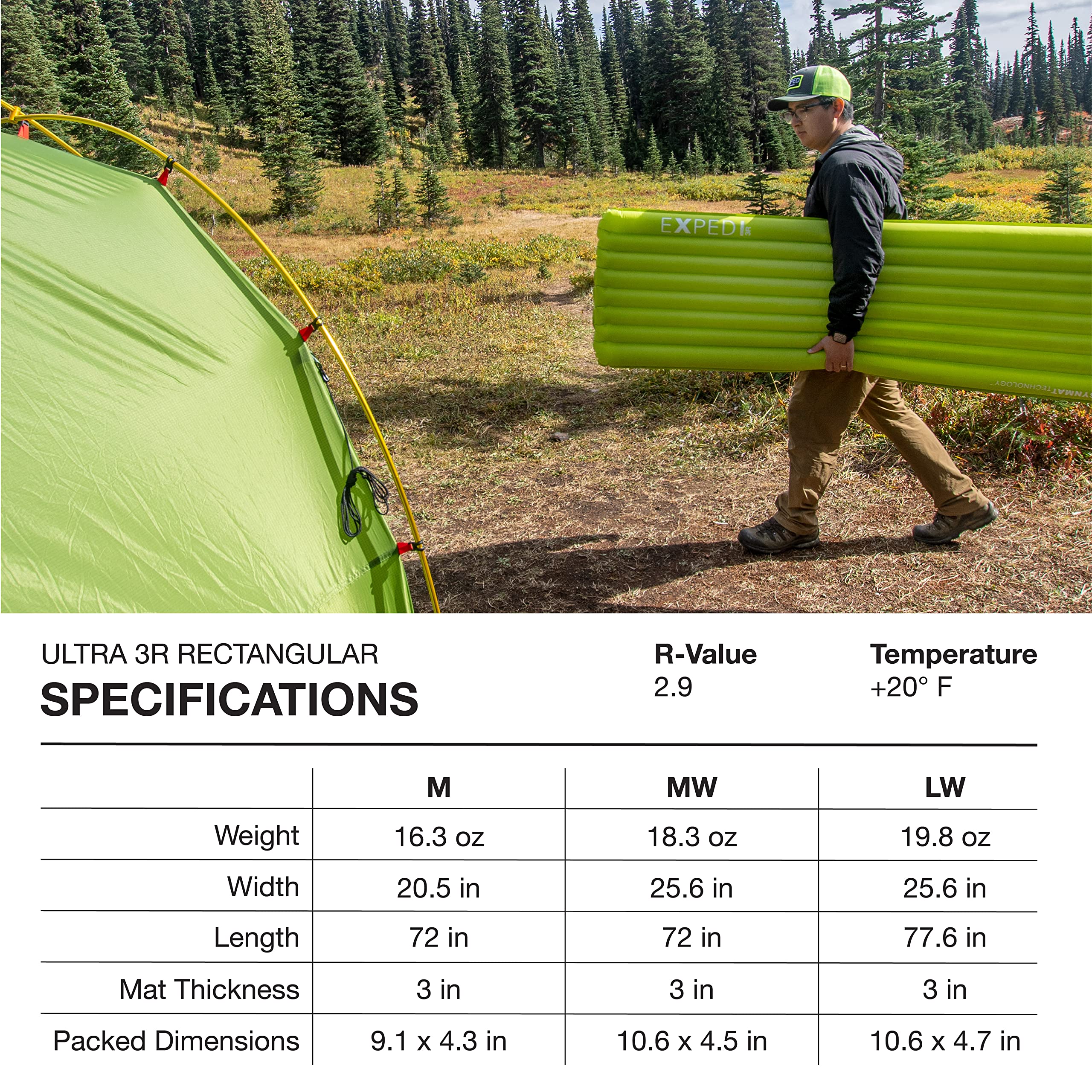 Exped Ultra 3R M - Materassino da trekking leggero e confortevole, misura 183 cm, colore Lichen