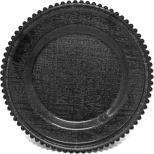 Miniatura 1 de Ms Lovely Cargador de vidrio con patrón de punto de cruz Plato de cena de 12.6 pulgadas con borde de cuentas - Juego de 4 - Negro