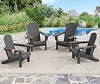 SERWALL Foldable HDPE Adirondack Chairs Set of 4 with Cup & Phone Holders, Wood Grain Gray - 380lb Capacity, Weatherproof