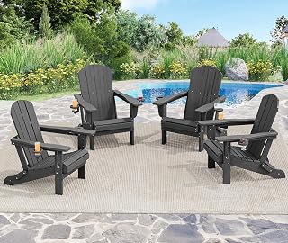 SERWALL Foldable HDPE Adirondack Chairs Set of 4 with Cup & Phone Holders, Wood Grain Gray, 380lb Capacity
