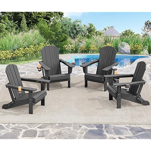 SERWALL Foldable Adirondack Chair Set of 4, HDPE Adirondack Chair with Wood-Texture-Gray