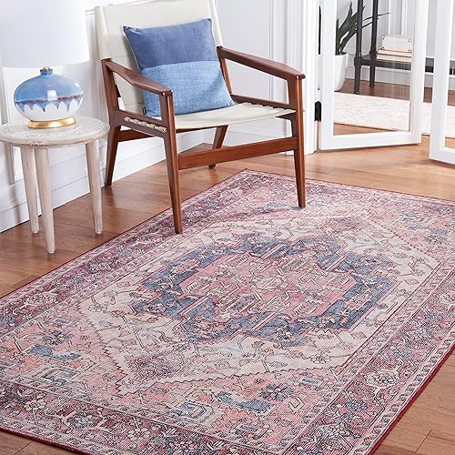 SAFAVIEH Alfombra lavable Tucson Collection - 6 x 9 pies, beige y rosa, antideslizante, ideal para zonas de alto tráfico en sala de estar,