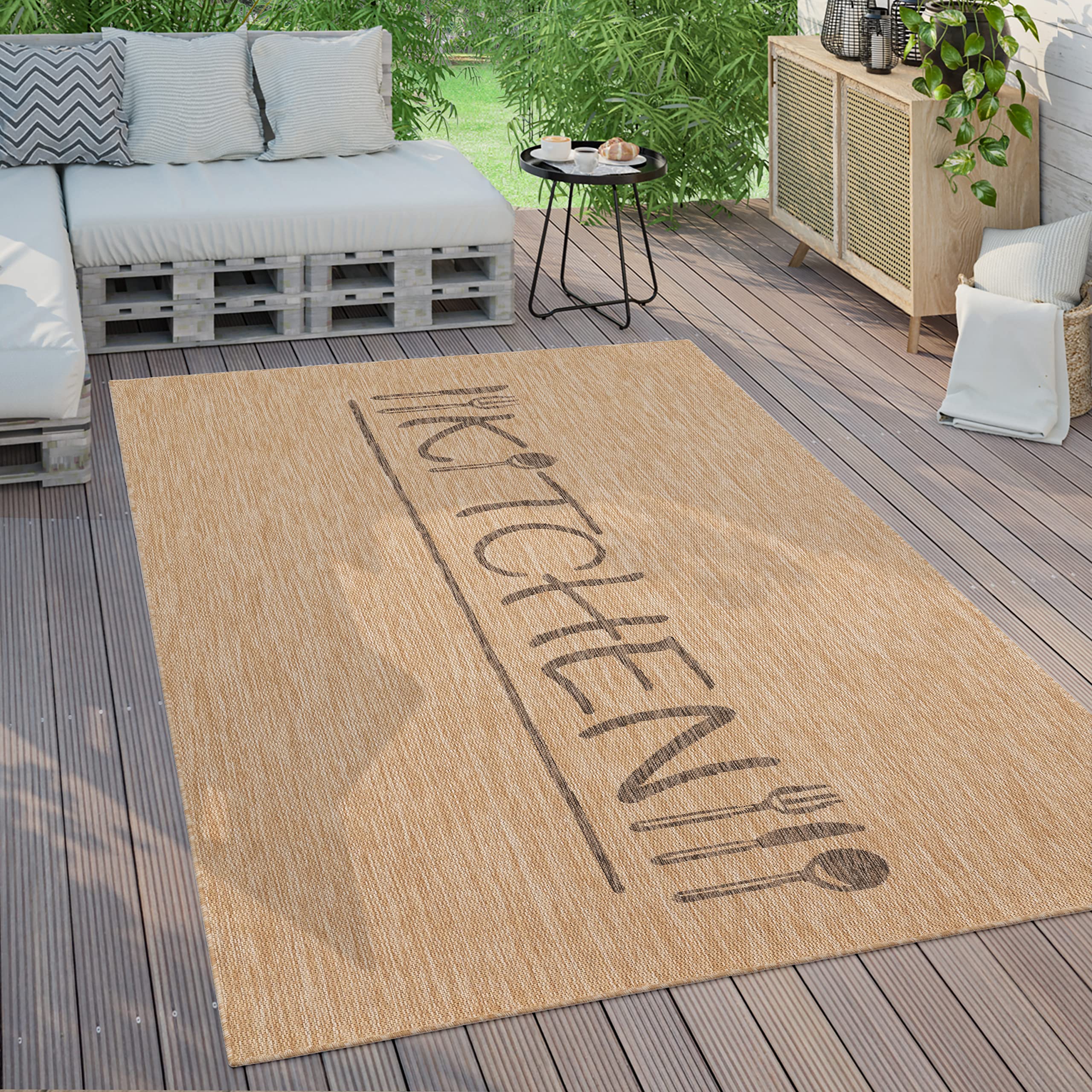Paco Home Outdoor Teppich Wetterfest Wohnzimmer Balkon Küchenteppich Modernes Muster Mit Schriftzug, Grösse:240x340 cm, Farbe:Beige 2
