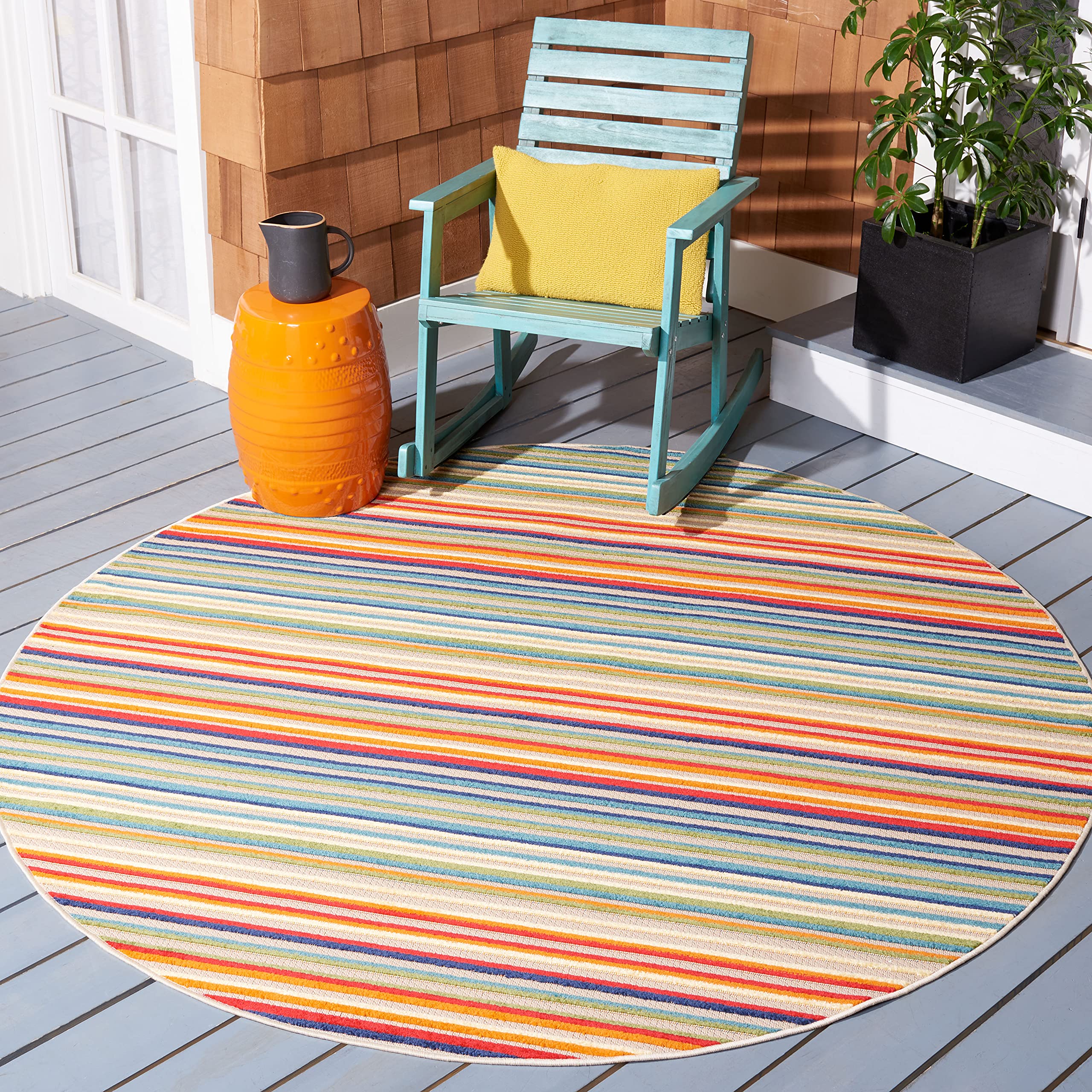 SAFAVIEH Washable Rug Outdoor Cabana Collection - 3' Round, Ivory & Green, Non-Shedding & Easy to Clean, Ideal for Patio, Backyard, Mudroom (CBN323A)
