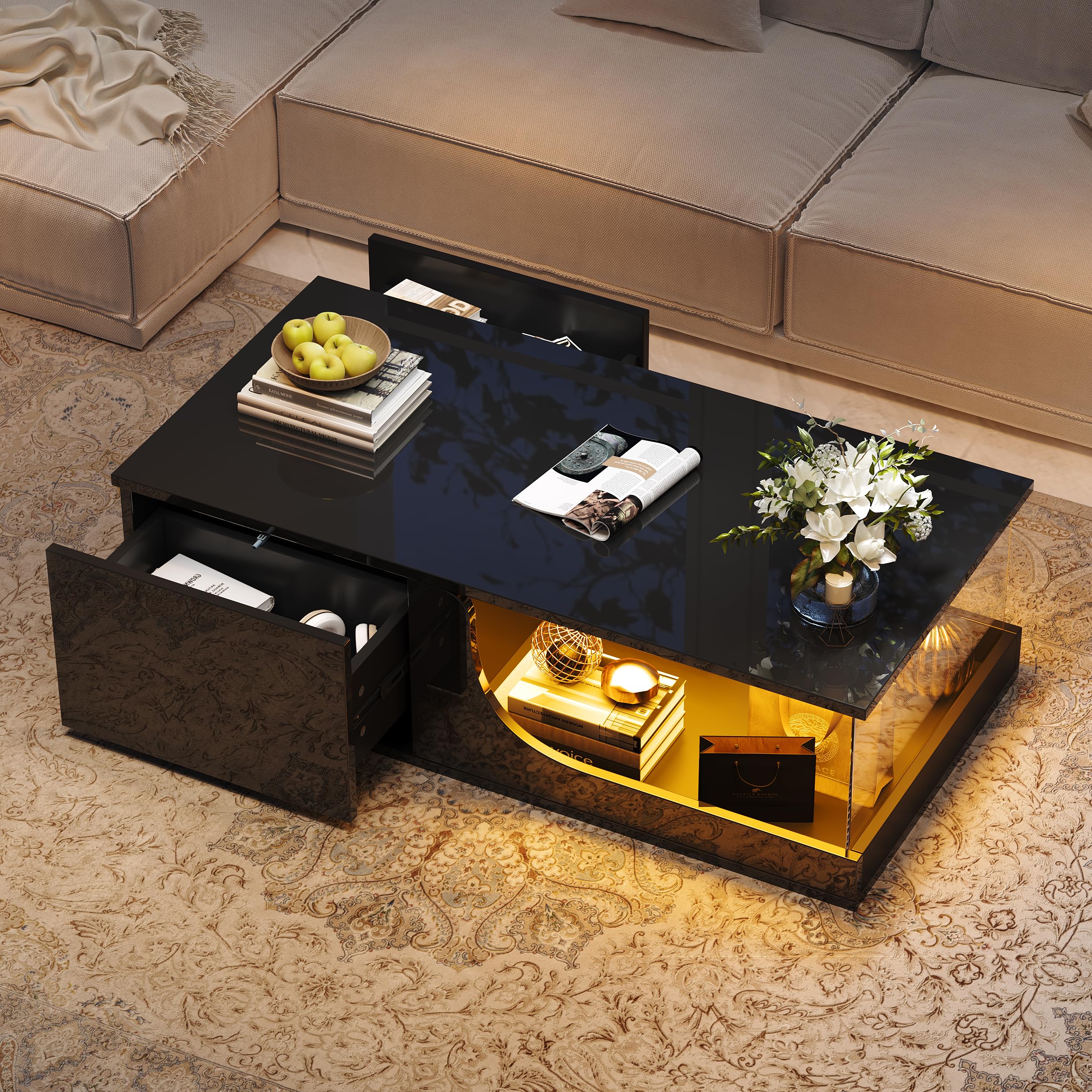 Merax Table Basse LED avec 2 tiroirs, Table de Salon Haute Brillance avec Plateau en Verre trempé, Table de café Moderne avec éclairage RGB contrôlé par Application, Couleur Noire,100×50x30 cm