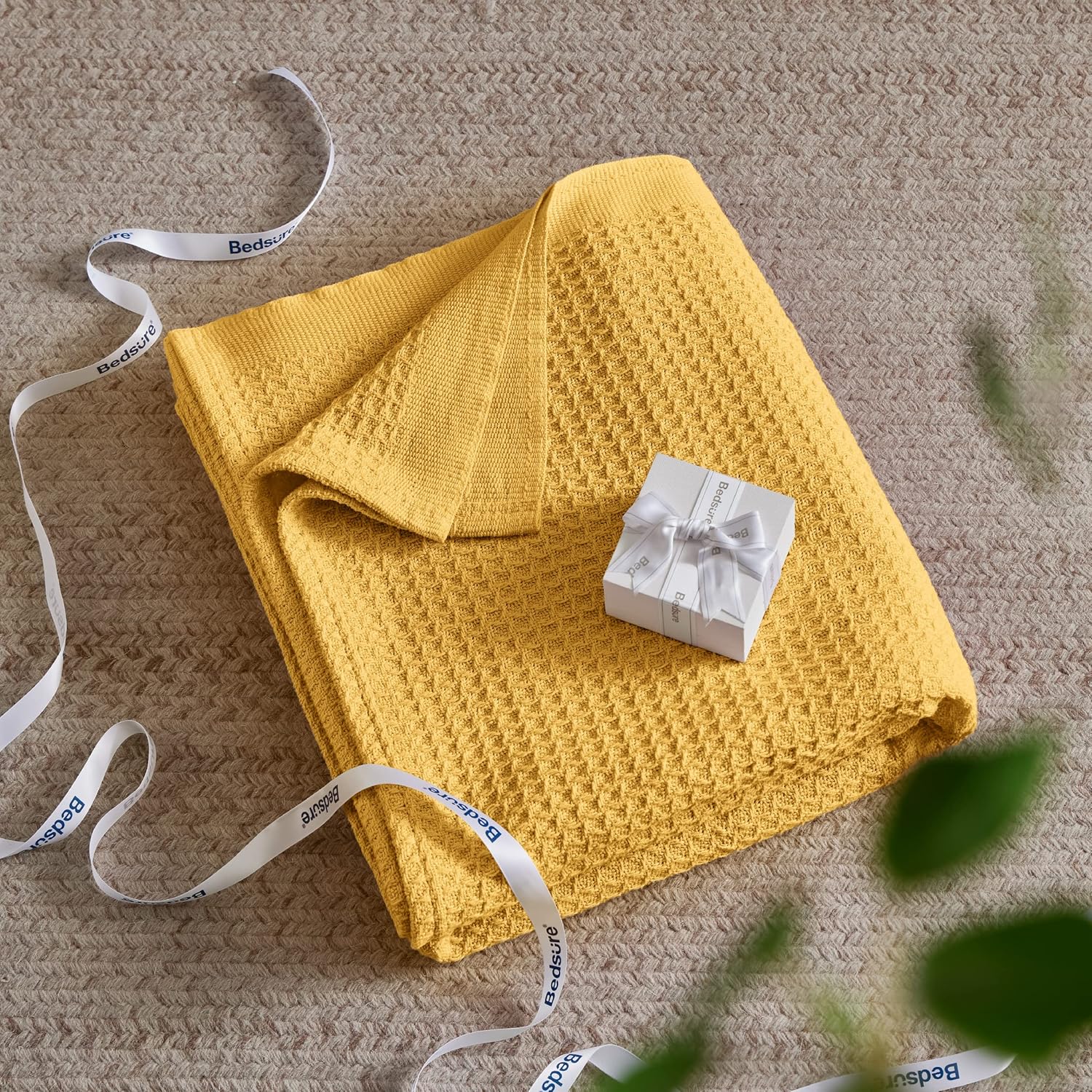 Bedsure Gentlesoft 100% Cotton Blanket Queen Size for Bed - Breathable and Soft for Spring Summer, Thick Cozy Waffle Weave Blanket Gifts for Women, Mustard Yellow, 90x90 Inches - Image 5
