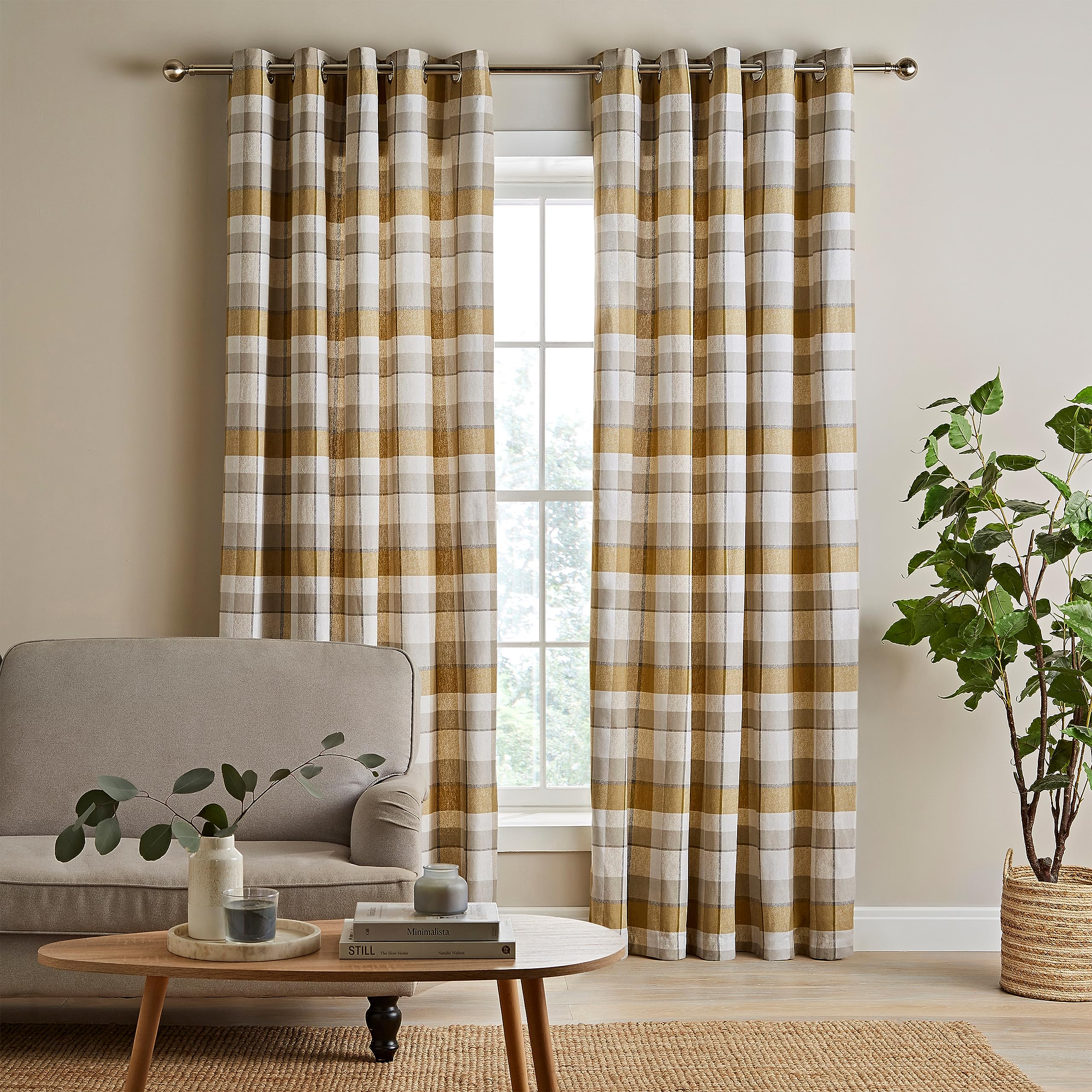 Catherine Lansfield Ochre Brushed Cotton Thermal Check 90X90 Inch Lined Eyelet Curtains Two Panels Yellow