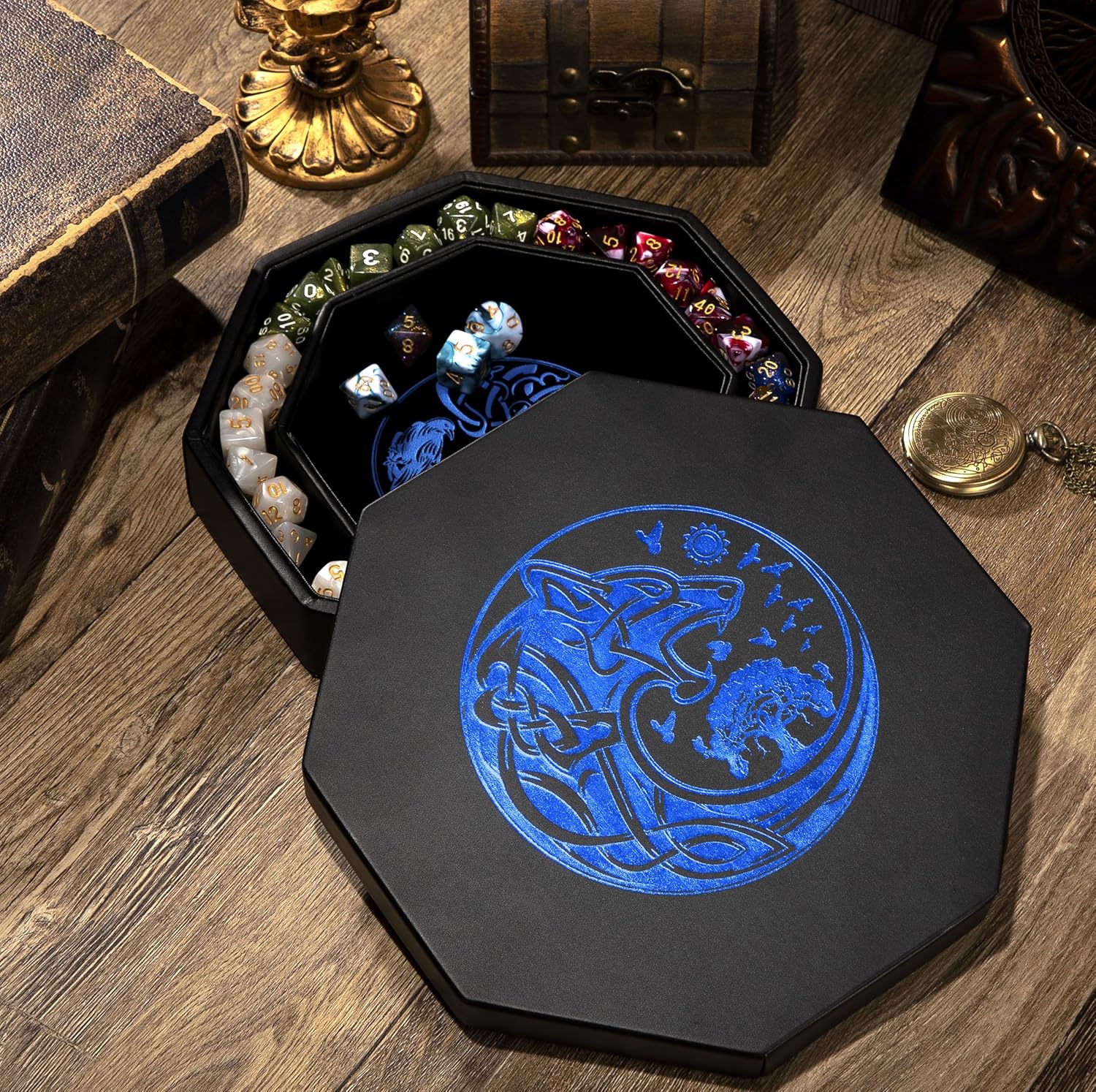 DND Dice Tray - Premium 9 Inch Tray for Dungeons and Dragons: Exquisitely Detailed Dark Blue World Tree & Wolf Raven Design - Perfect Rolling & Box Storage to Protect Your Dice for D&D and RPG