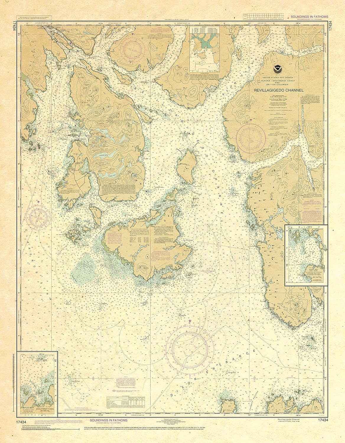 Paradise Cay Publications Antiqued NOAA Chart 17434: Revillagigedo Channel; Ryus Bay; Foggy Bay