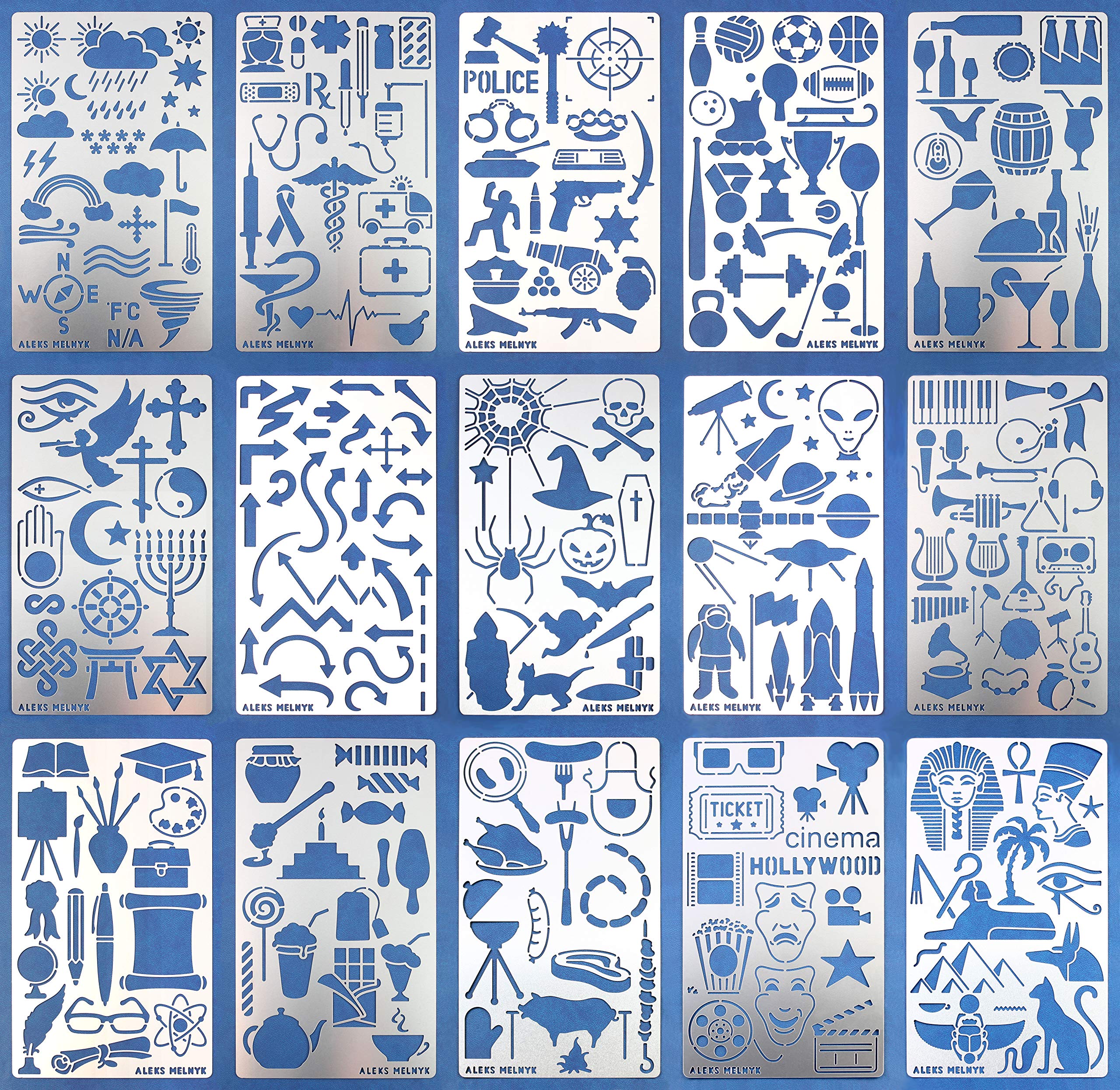 Aleks Melnyk No.47 Large Set of Metal Journal Stencils, Stainless Steel Stencils Kit 15 PCS, Templates Tool for Wood Burning, Pyrography and Engraving, Scrapbooking, Crafting, DIY
