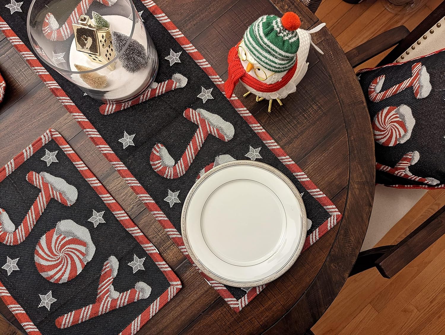 DaDa Bedding Starry Peppermint Joy Tapestry Table Runner - Festive Black Red Christmas Holiday Candy Cane Sweets - Cotton Linen Woven Kitchen Yueltide Dining Mats - Oversized 13" x 120" (12904)