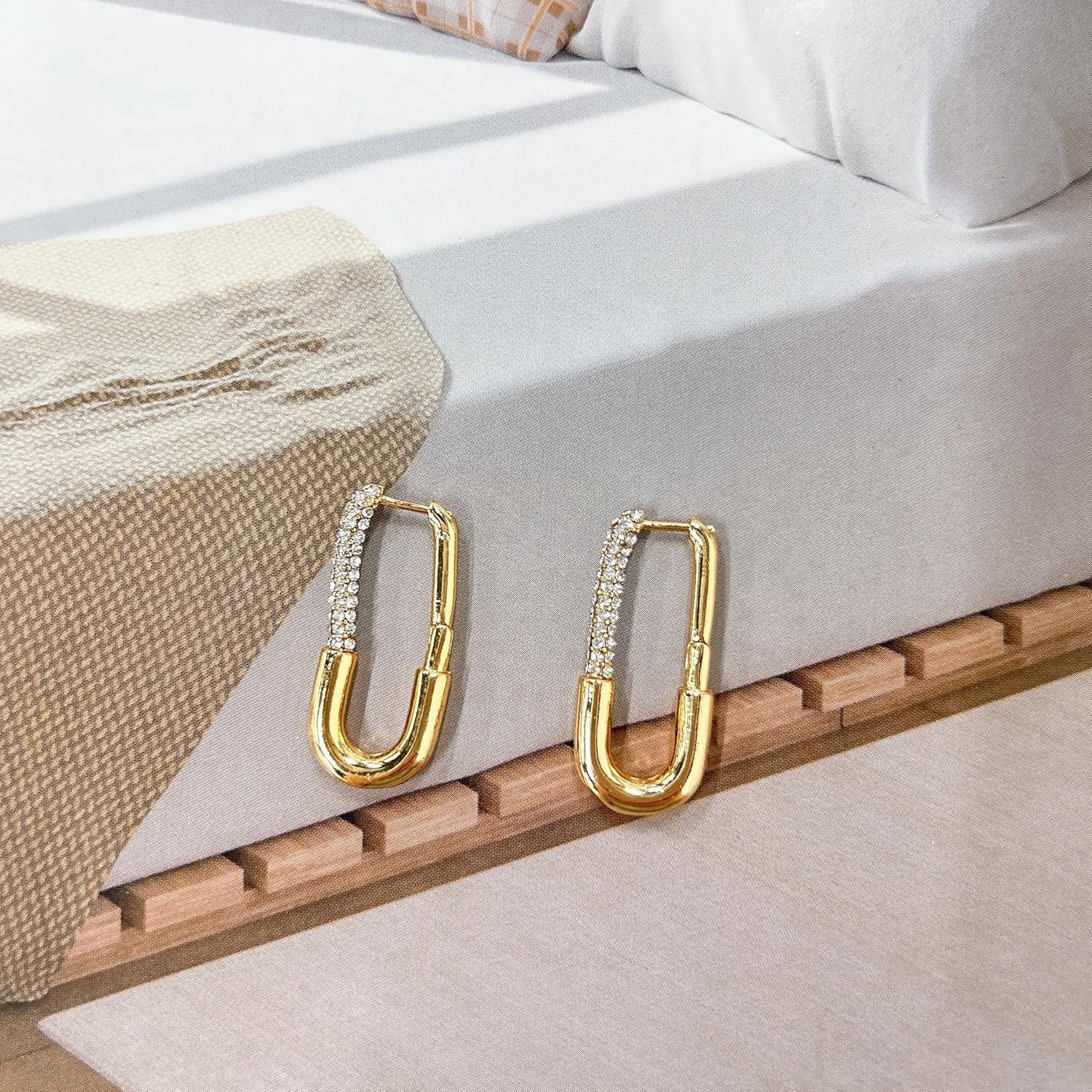 Trendy Long Safety Pin CZ Huggie Hoop Earring for Women Gold Plated Cubic Zirconia Paperclip Dangle Drop Chunky Stud Hoops Earrings Fashion Jewelry Gifts - Image 4