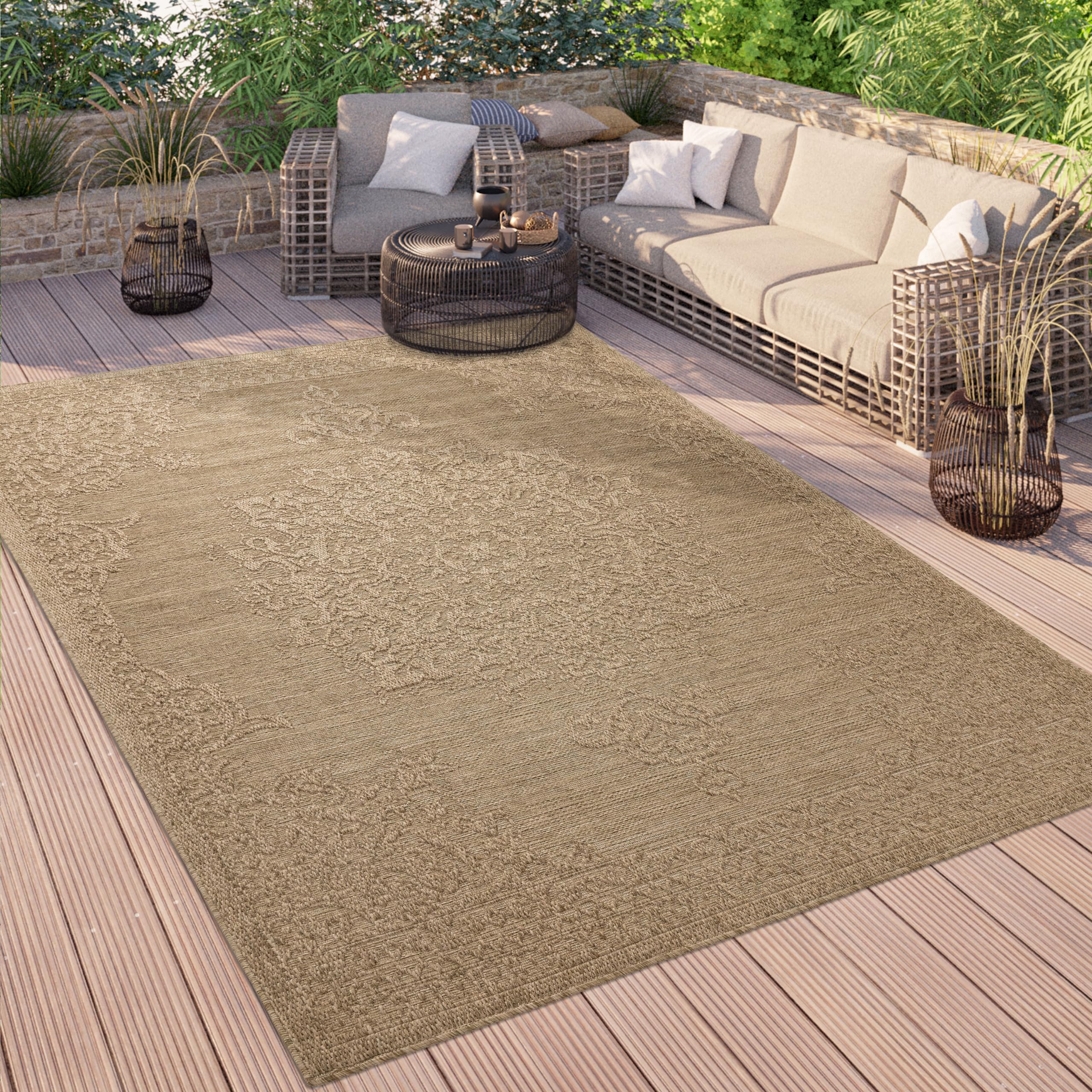 Paco Home Outdoor Teppich Wetterfest Balkon Küche Wohnzimmer Orientalisches Muster Vintage Optik Einfarbig 3D Modern, Grösse:80x150 cm, Farbe:Beige
