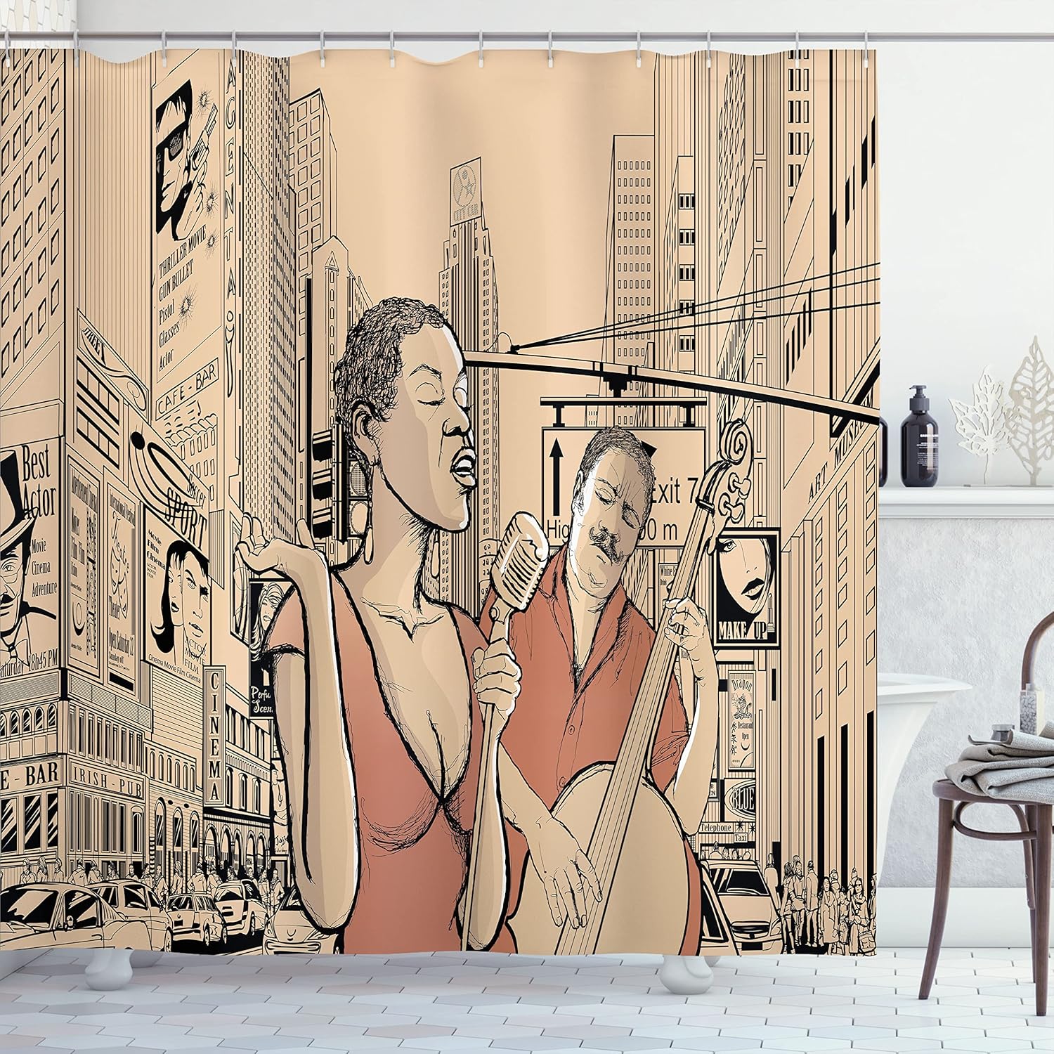Ambesonne Jazz Music Shower Curtain, Singer Double-Bass Player in a Street of New York Urban Lifestyle Image, Cloth Fabric Bathroom Decor Set with Hooks, 69" W x 75" L, Beige Brown