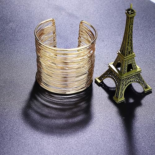 Vista 4 de Besteel Juego de 2 pulseras abiertas de alambre ancho ajustable chapado en oro plateado, Acero aleado, Circonita cúbica