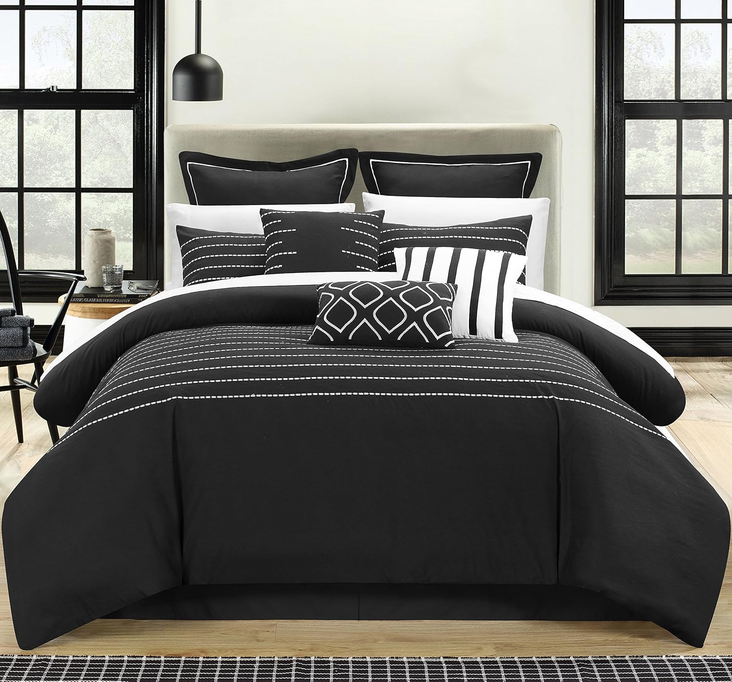 Chic Home CS3962-AN Brenton Super Rich Microfiber Stitch Embroidered 9 Piece Comforter Set, Queen, Black