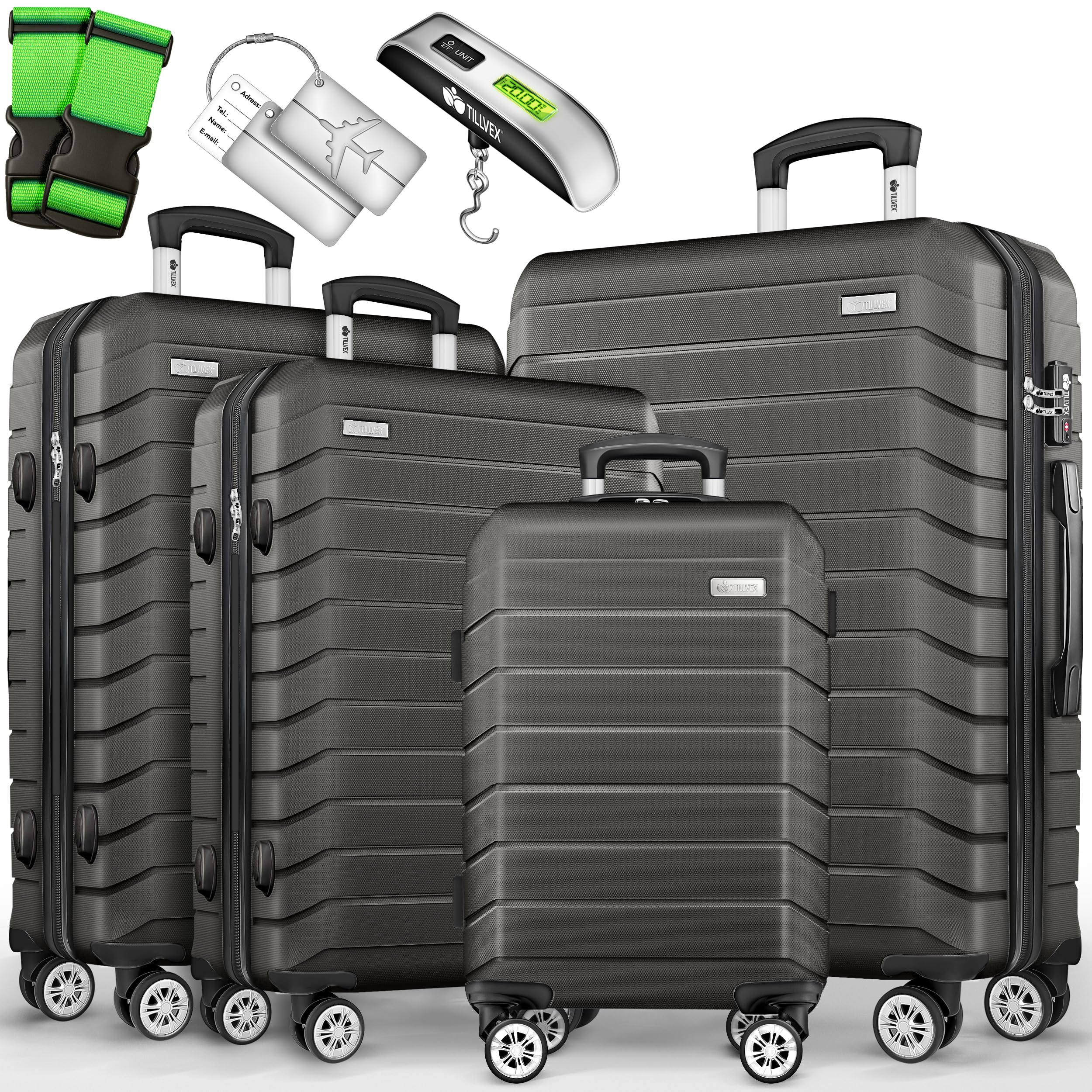 tillvex® Reisekoffer Set 4-teilig + Gepäckwaage, 8X Koffergurte & 4X Kofferanhänger | Kofferset 4 Rollen | Trolley Gepäck Koffer TSA Schloss | Hartschalenkofferset S-M-L-XL