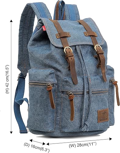 Miniatura 2 de HuaChen Mochila de lona vintage, mochila de viaje casual con cuero para hombres y mujeres, compartimento para portátil M32, azul