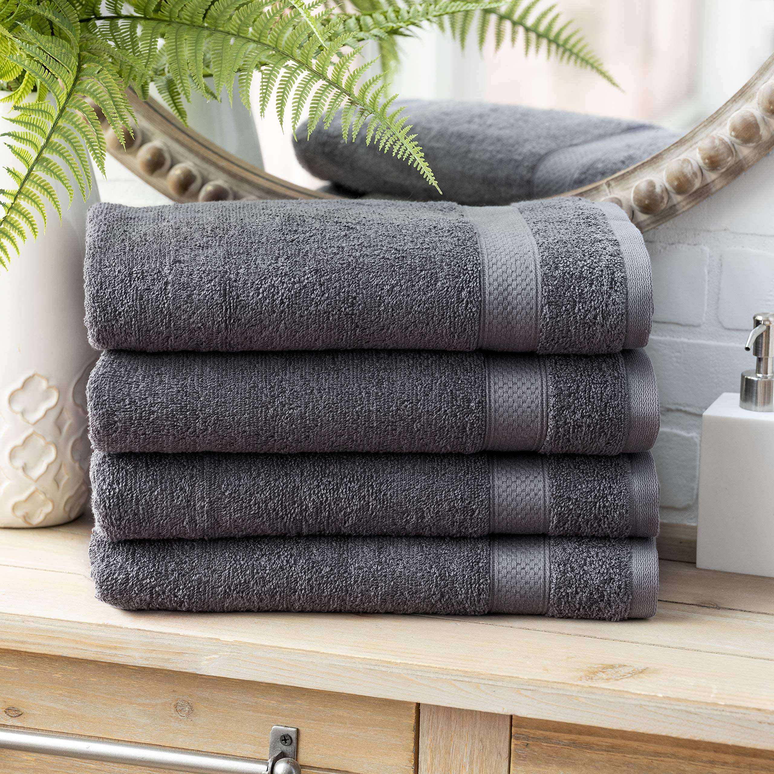 Welhome Basic 100% Cotton Towel (Charcoal Grey)- Set of 4 Bath Towels - Quick Dry - Absorbent - Soft - 434 GSM - Machine Washable