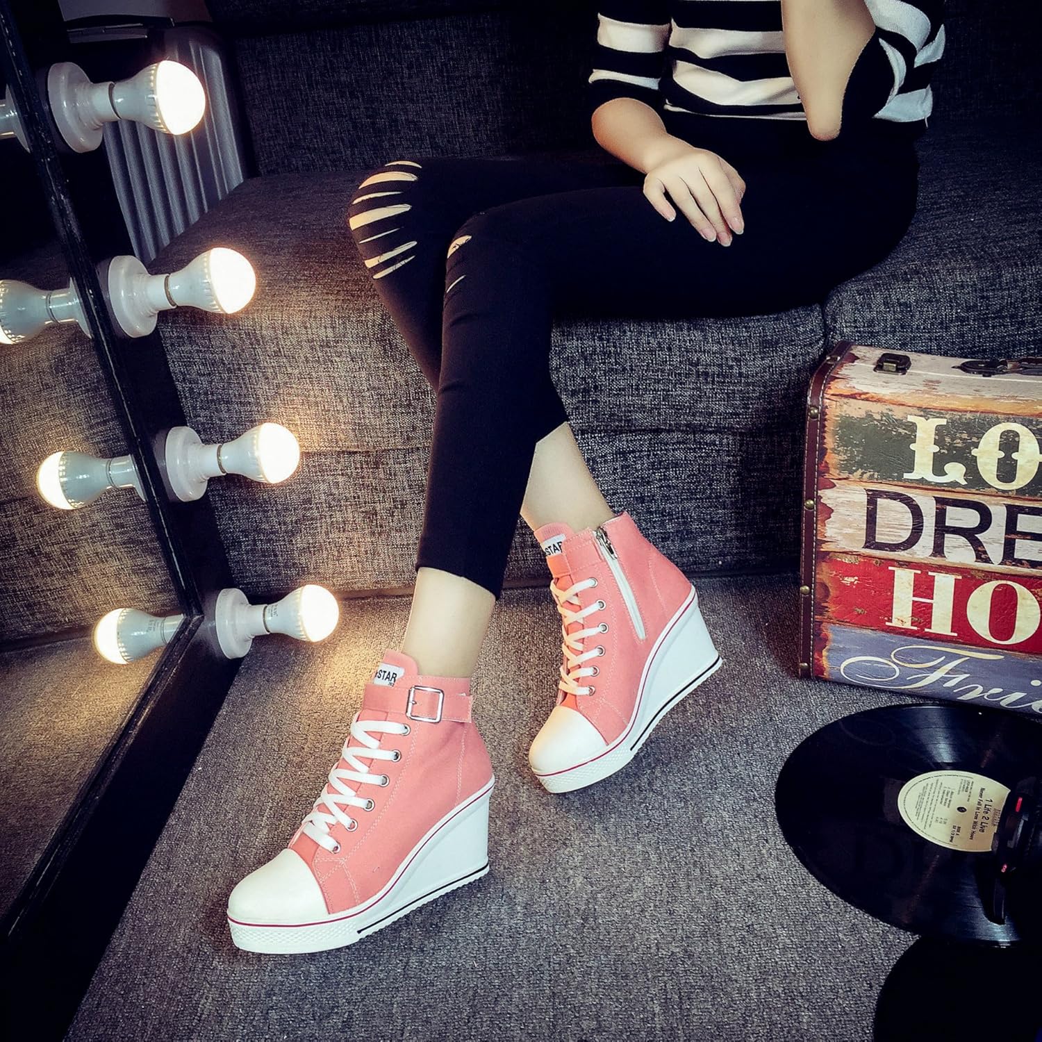 Women's Sneaker Shoes High Heel Fashionable Canvas Shoes High Tube Lace Up Wedge Edge Zipper Slope Angle Shoes Size 4-11 - Image 7