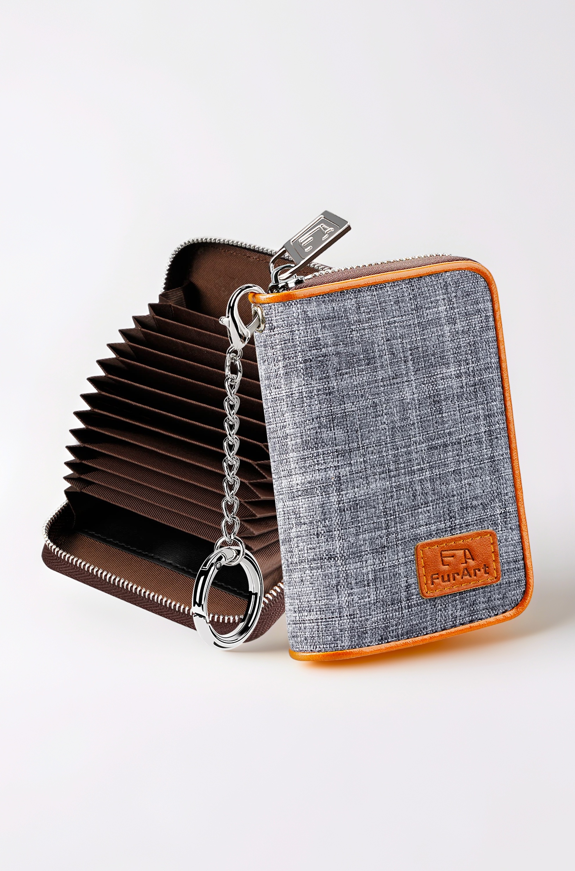 FurArt Credit Card Wallet, Zipper Card Cases Holder for Men Women, RFID Blocking, Key Chain, 12 Slots, Compact Size