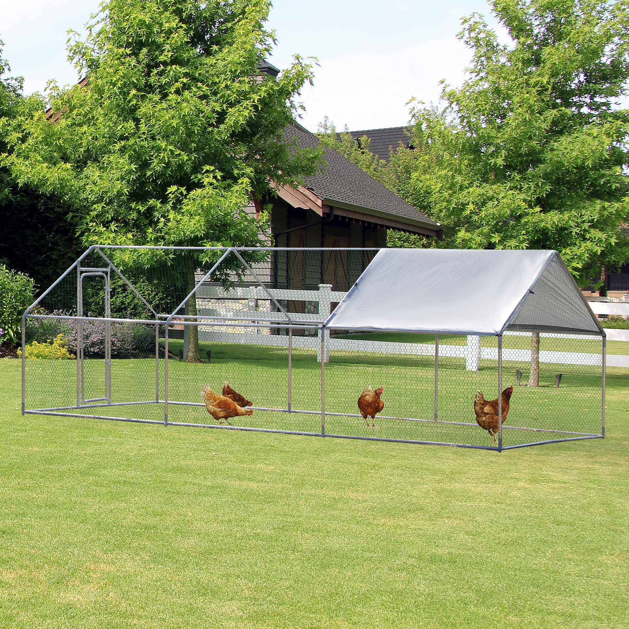 PawHut Galvanized Large Metal Chicken Coop Cage 3 Rooms Walkin